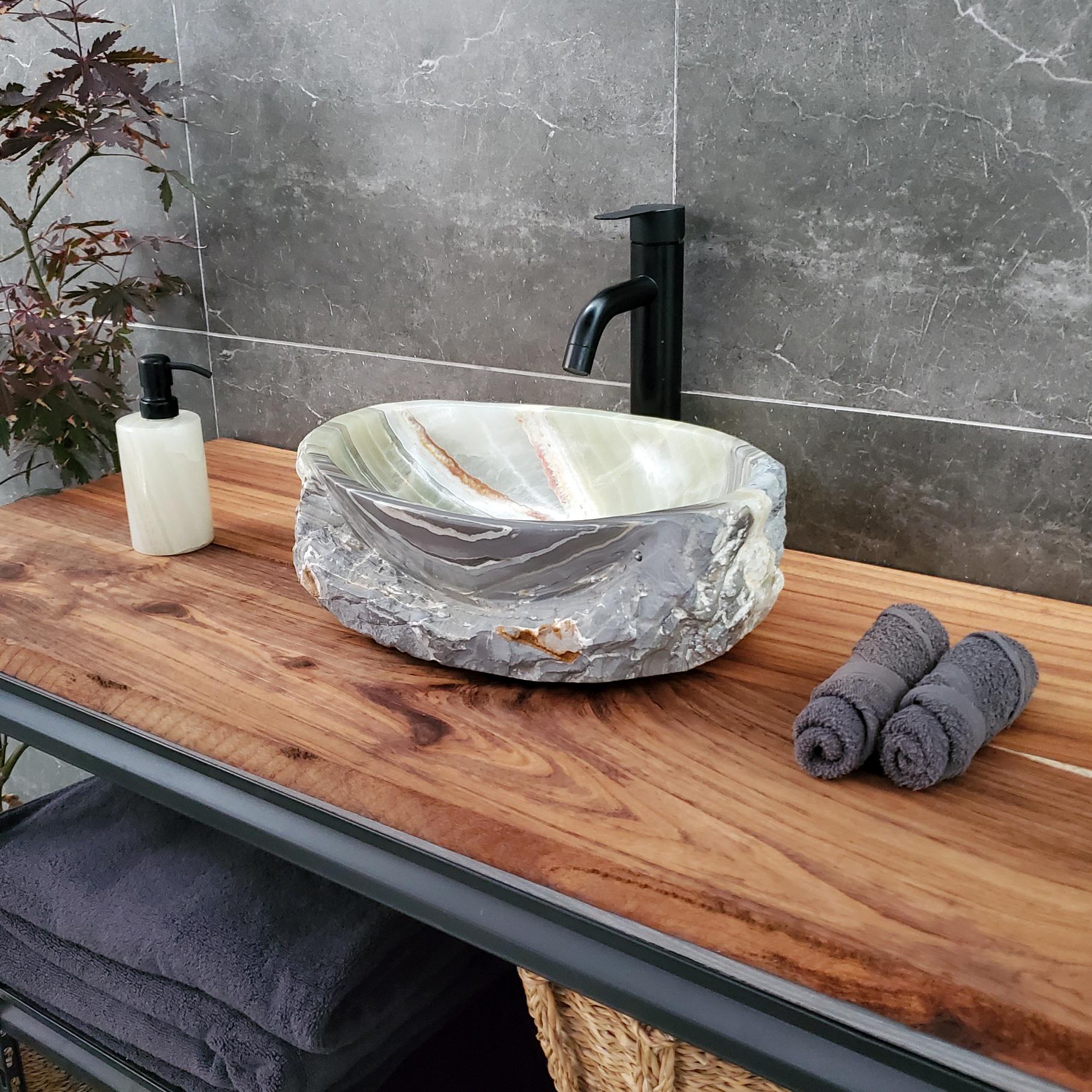 Green Onyx Vessel Sink, 15x11 Inch Natural Stone Countertop Basin, Polished Luxury Vanity Sink, Spa Bathroom Decor Above Counter sink Bathroom Décor beige tan taupe hand basin bowl handmade powder room Home design trends luxury bathroom Marble Onix Rock modern contemporary natural stone sink plumbing fixture Rectangle Vessel Tan Rustic Onyx Vessel Sinks Translucent Polish