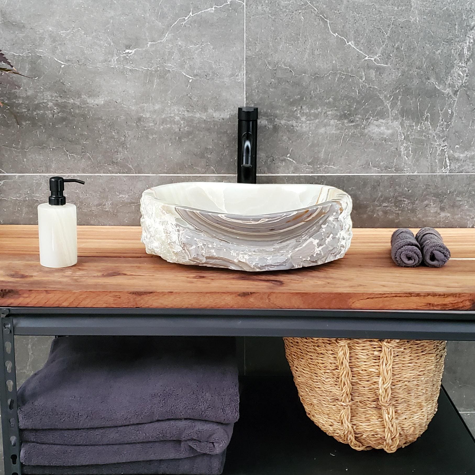 Green Onyx Vessel Sink, Natural Stone Vanity Basin, Polished Bathroom Countertop Sink, Spa Decor 16.5x12.5 Inch Above Counter sink Bathroom Décor beige tan taupe hand basin bowl handmade powder room Home design trends luxury bathroom Marble Onix Rock modern contemporary natural stone sink plumbing fixture Rectangle Vessel Tan Rustic Onyx Vessel Sinks Translucent Polish