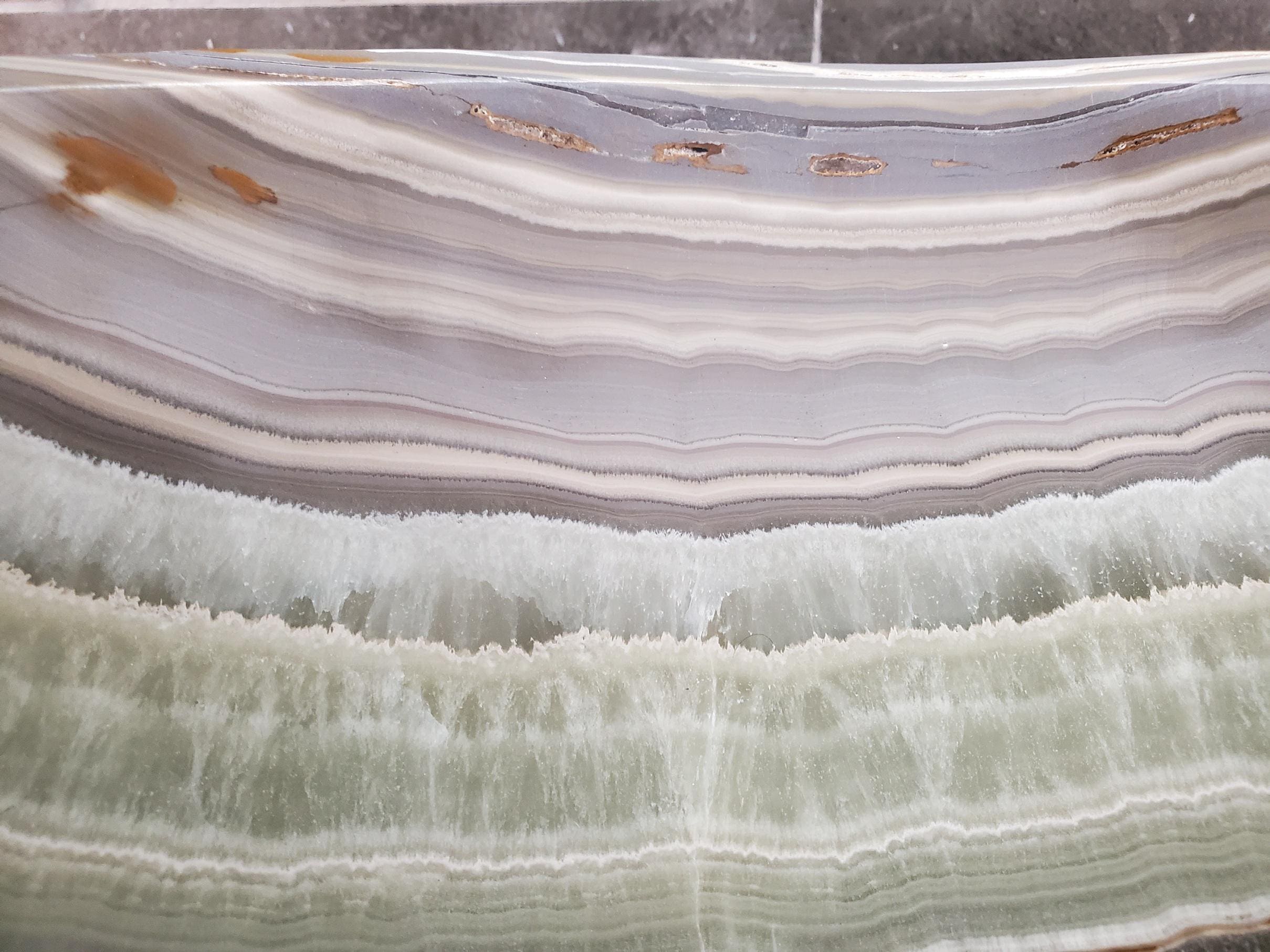 Green Onyx Vessel Sink, Natural Stone Vanity Basin, Polished Bathroom Countertop Sink, Spa Decor 16.5x12.5 Inch Above Counter sink Bathroom Décor beige tan taupe hand basin bowl handmade powder room Home design trends luxury bathroom Marble Onix Rock modern contemporary natural stone sink plumbing fixture Rectangle Vessel Tan Rustic Onyx Vessel Sinks Translucent Polish