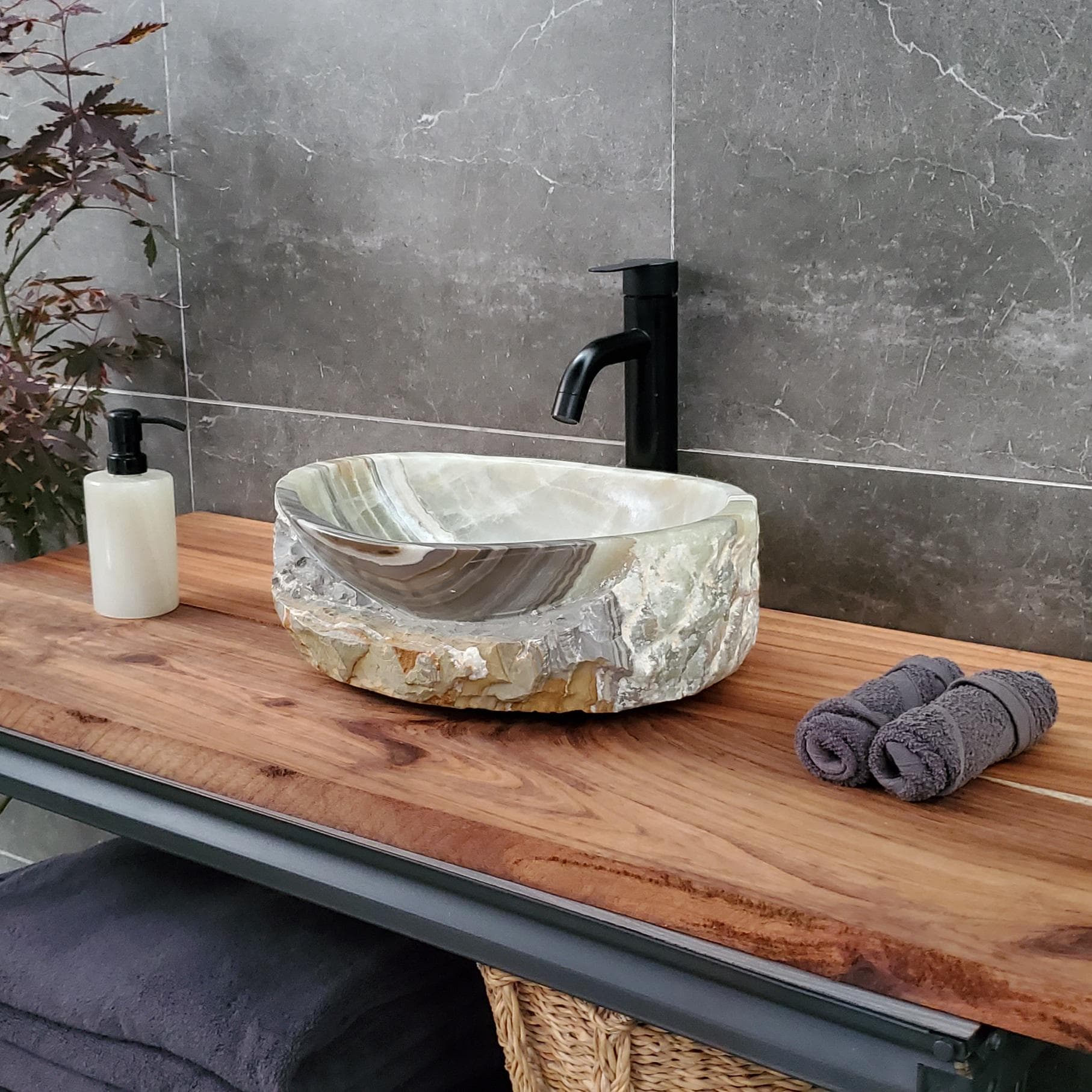 Green Onyx Vessel Sink – Oval Natural Stone Countertop Sink, Polished Vanity Basin, Luxury Spa Bathroom Decor 15x11.5 Inch Above Counter sink Bathroom Décor beige tan taupe hand basin bowl handmade powder room Home design trends luxury bathroom Marble Onix Rock modern contemporary natural stone sink plumbing fixture Rectangle Vessel Tan Rustic Onyx Vessel Sinks Translucent Polish
