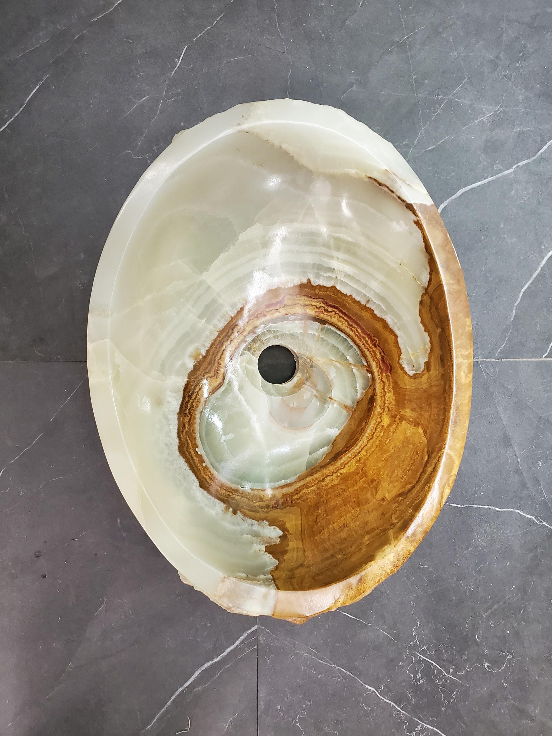 Green Onyx Vessel Sink – Oval Natural Stone Countertop Sink, Polished Vanity Basin, Luxury Spa Bathroom Decor 17x13 Inch Above Counter sink Bathroom Décor beige tan taupe hand basin bowl handmade powder room Home design trends luxury bathroom Marble Onix Rock modern contemporary natural stone sink plumbing fixture Rectangle Vessel Tan Rustic Onyx Vessel Sinks Translucent Polish