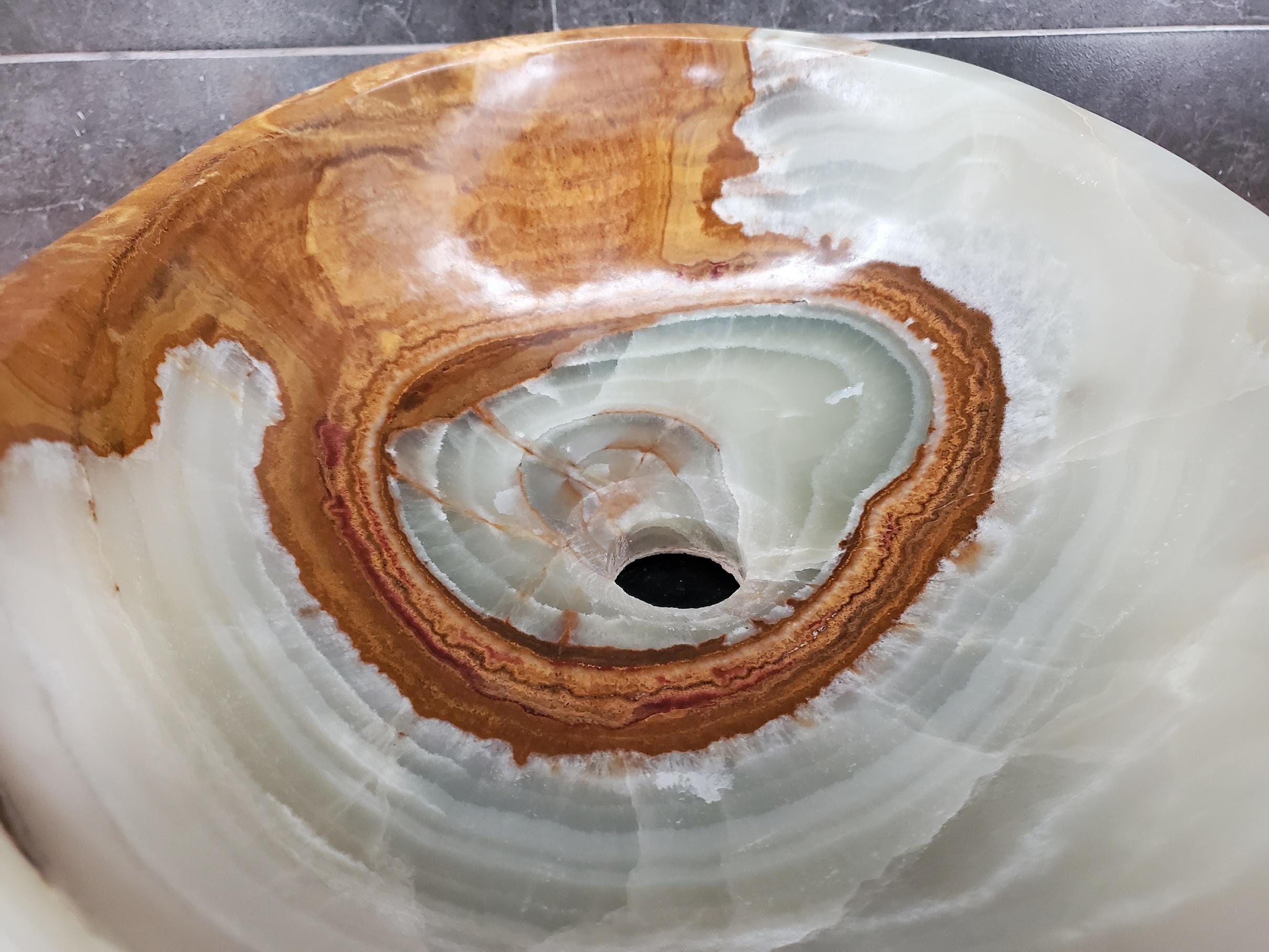 Green Onyx Vessel Sink – Oval Natural Stone Countertop Sink, Polished Vanity Basin, Luxury Spa Bathroom Decor 17x13 Inch Above Counter sink Bathroom Décor beige tan taupe hand basin bowl handmade powder room Home design trends luxury bathroom Marble Onix Rock modern contemporary natural stone sink plumbing fixture Rectangle Vessel Tan Rustic Onyx Vessel Sinks Translucent Polish