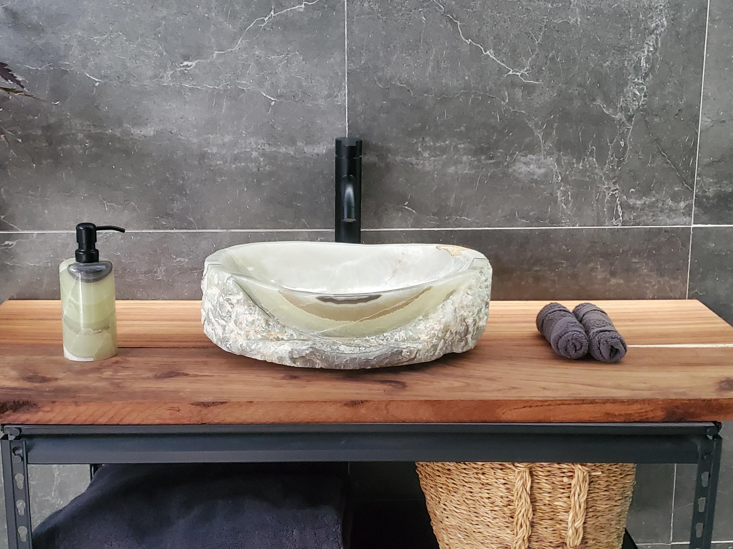 Green Onyx Vessel Sink – Oval Natural Stone Countertop Sink, Polished Vanity Basin, Luxury Spa Bathroom Decor 16.5x12.5 Inch Above Counter sink Bathroom Décor beige tan taupe hand basin bowl handmade powder room Home design trends luxury bathroom Marble Onix Rock modern contemporary natural stone sink plumbing fixture Rectangle Vessel Tan Rustic Onyx Vessel Sinks Translucent Polish