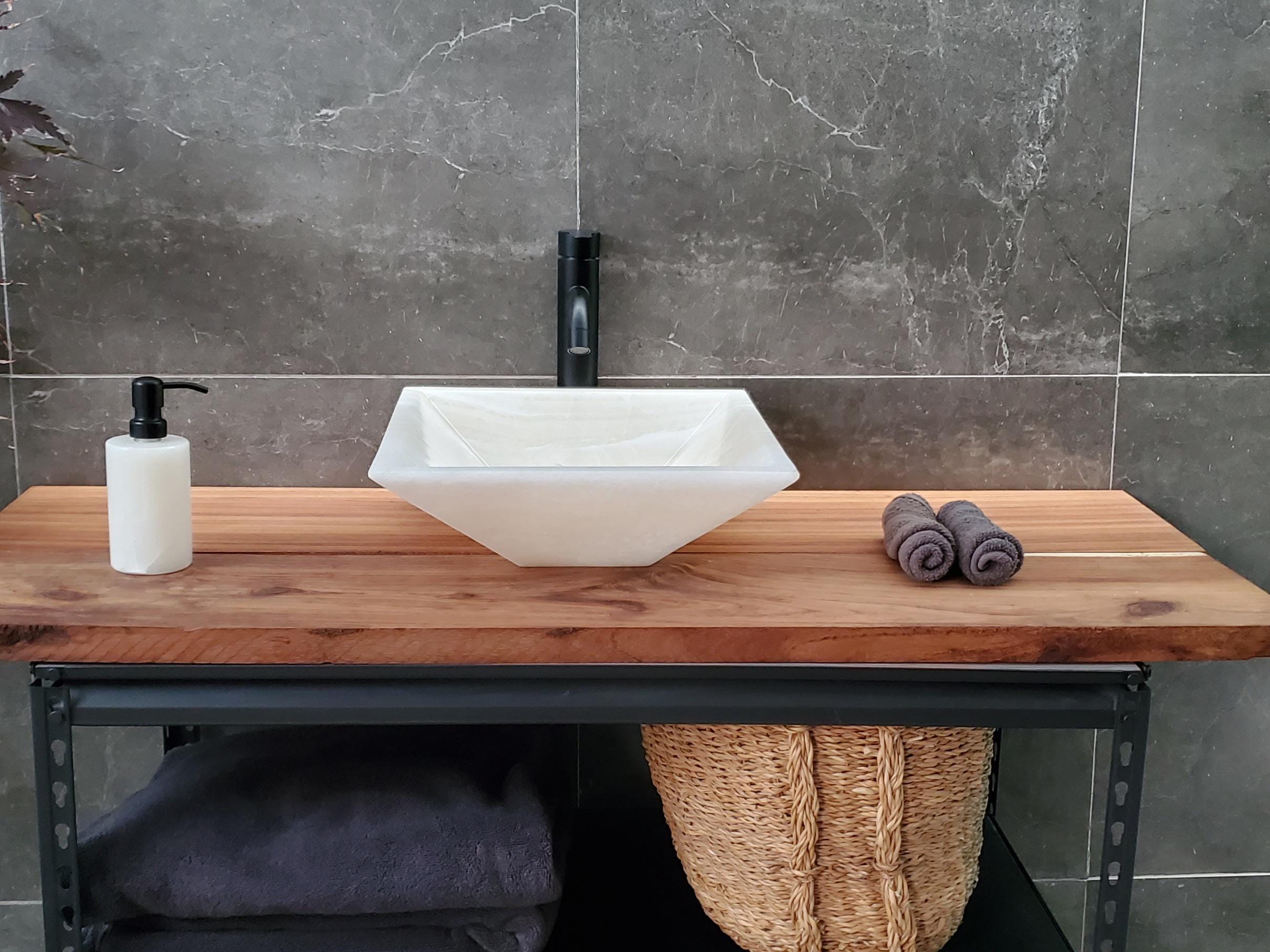 White Onyx Marble Vessel Sink, 14.3x14.3 Inch Natural Stone Countertop Basin, Polished Luxury Vanity Sink, Spa Bathroom Decor Above Counter sink Bathroom Décor beige tan taupe hand basin bowl handmade powder room Home design trends luxury bathroom Marble Onix Rock modern contemporary natural stone sink plumbing fixture Polished Onyx Sinks Rectangle Vessel Tan Translucent Polish