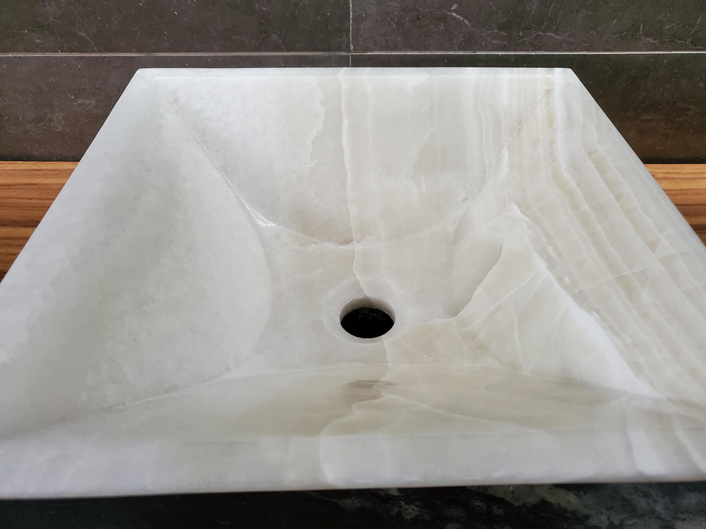 White Onyx Marble Vessel Sink, 14.3x14.3 Inch Natural Stone Countertop Basin, Polished Luxury Vanity Sink, Spa Bathroom Decor Above Counter sink Bathroom Décor beige tan taupe hand basin bowl handmade powder room Home design trends luxury bathroom Marble Onix Rock modern contemporary natural stone sink plumbing fixture Polished Onyx Sinks Rectangle Vessel Tan Translucent Polish