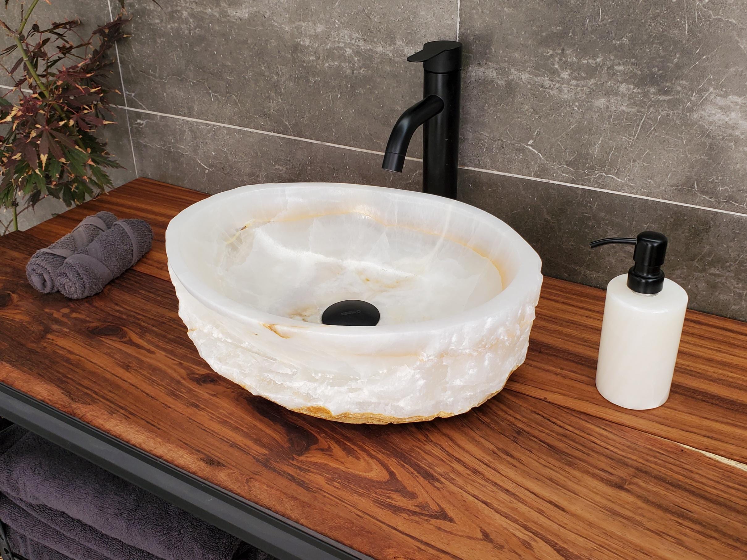 White Onyx Marble Vessel Sink, 16x12.5 Inch Natural Stone Countertop Basin, Polished Luxury Vanity Sink, Spa Bathroom Decor Above Counter sink Bathroom Décor beige tan taupe hand basin bowl handmade powder room Home design trends luxury bathroom Marble Onix Rock modern contemporary natural stone sink plumbing fixture Rectangle Vessel Tan Rustic Onyx Vessel Sinks Translucent Polish
