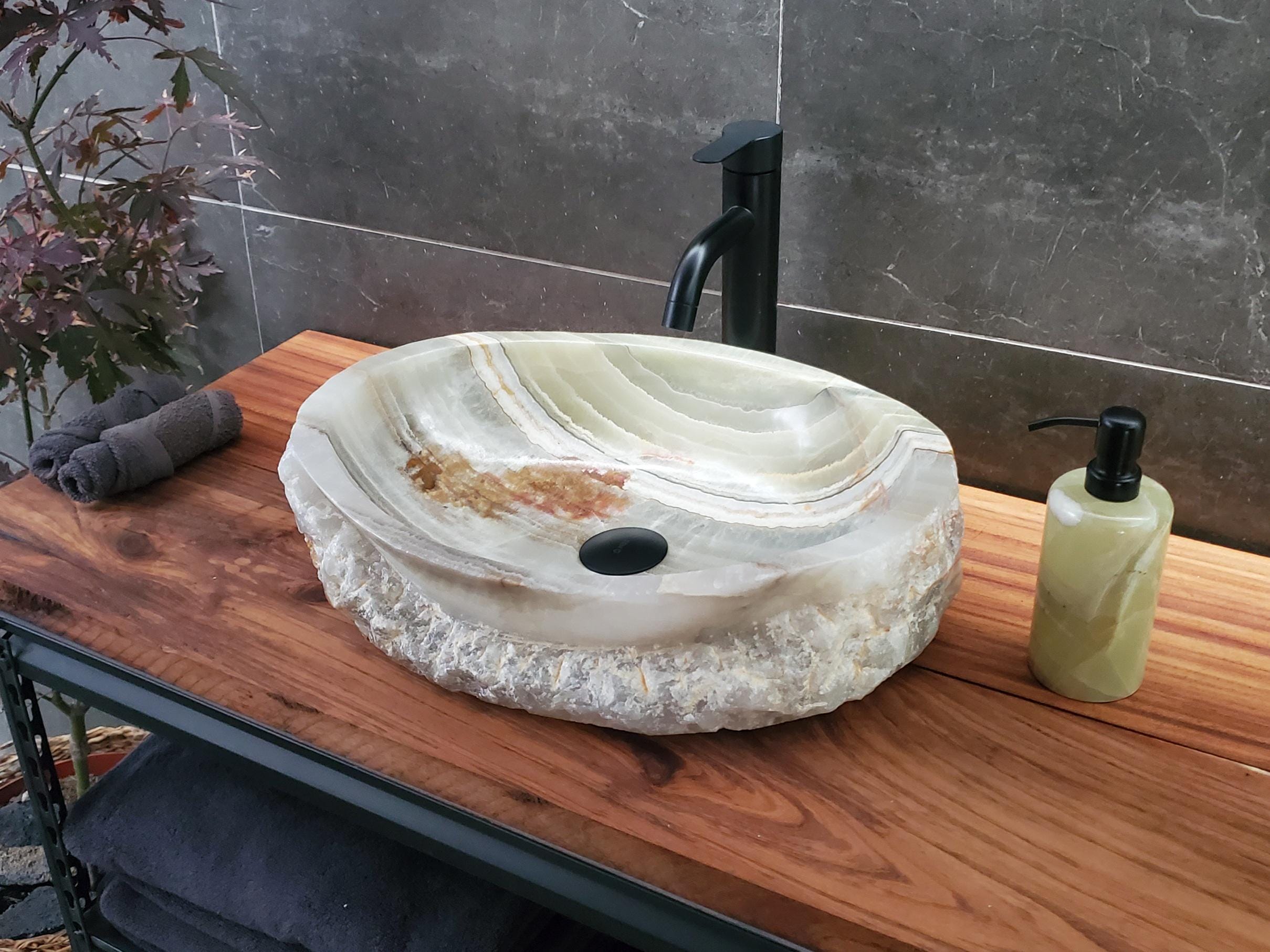 Green Onyx Marble Vessel Sink – Oval Natural Stone Countertop Sink, Polished Vanity Basin, Luxury Spa Bathroom Decor 18.5x14 Inch Above Counter sink Bathroom Décor beige tan taupe hand basin bowl handmade powder room Home design trends luxury bathroom Marble Onix Rock modern contemporary natural stone sink plumbing fixture Rectangle Vessel Tan Rustic Onyx Vessel Sinks Translucent Polish
