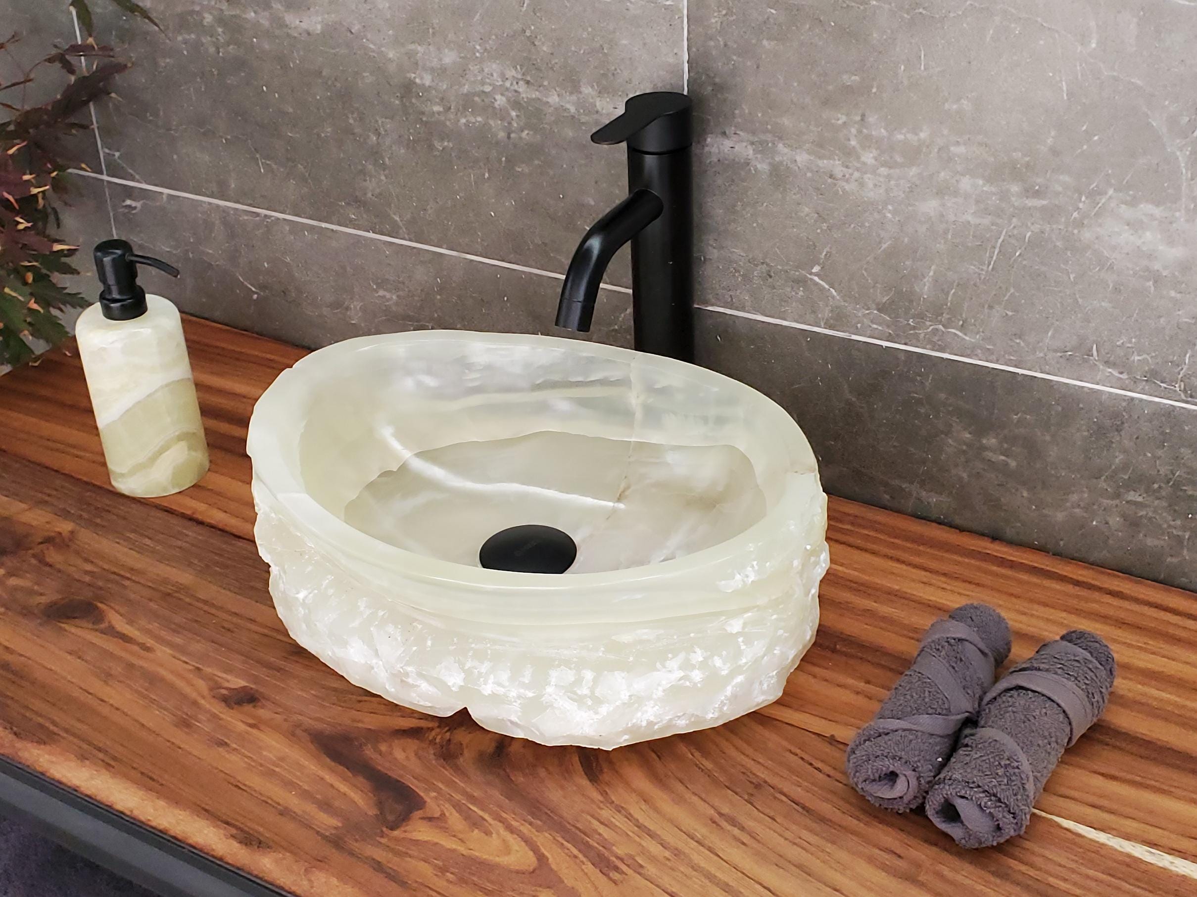 Green Onyx Vessel Sink, Natural Stone Vanity Basin, Polished Bathroom Countertop Sink, Spa Decor 15x11.5 Inch Above Counter sink Bathroom Décor beige tan taupe hand basin bowl handmade powder room Home design trends luxury bathroom Marble Onix Rock modern contemporary natural stone sink plumbing fixture Rectangle Vessel Tan Rustic Onyx Vessel Sinks Translucent Polish