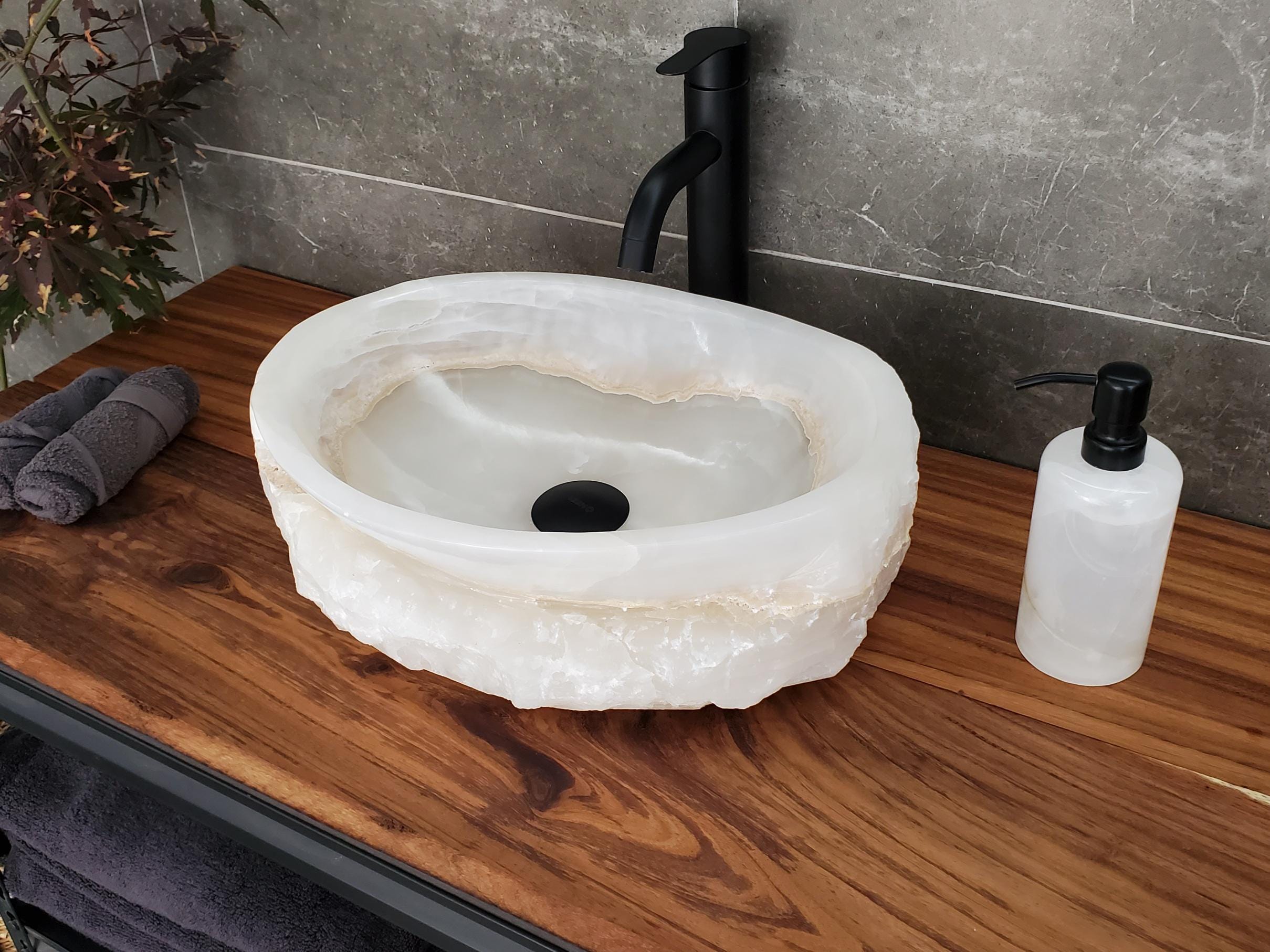 White Onyx Vessel Sink, 16.5x12.5 Inch Natural Stone Countertop Basin, Polished Luxury Vanity Sink, Spa Bathroom Decor Above Counter sink Bathroom Décor beige tan taupe hand basin bowl handmade powder room Home design trends luxury bathroom Marble Onix Rock modern contemporary natural stone sink plumbing fixture Rectangle Vessel Tan Rustic Onyx Vessel Sinks Translucent Polish