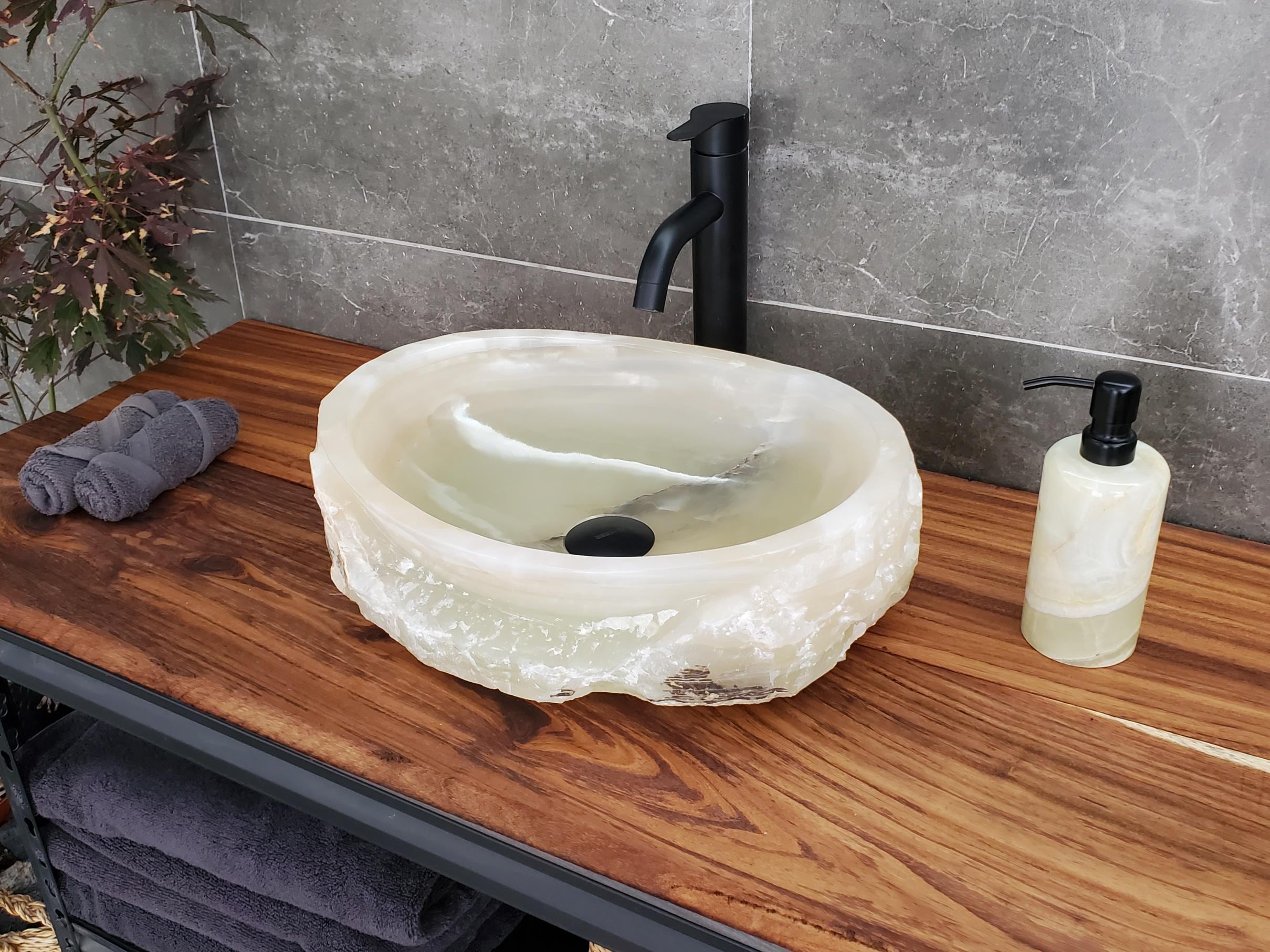 Green Onyx Marble Vessel Sink, Natural Stone Vanity Basin, Polished Bathroom Countertop Sink, Spa Decor 16.5x12.5 Inch Above Counter sink Bathroom Décor beige tan taupe hand basin bowl handmade powder room Home design trends luxury bathroom Marble Onix Rock modern contemporary natural stone sink plumbing fixture Rectangle Vessel Tan Rustic Onyx Vessel Sinks Translucent Polish