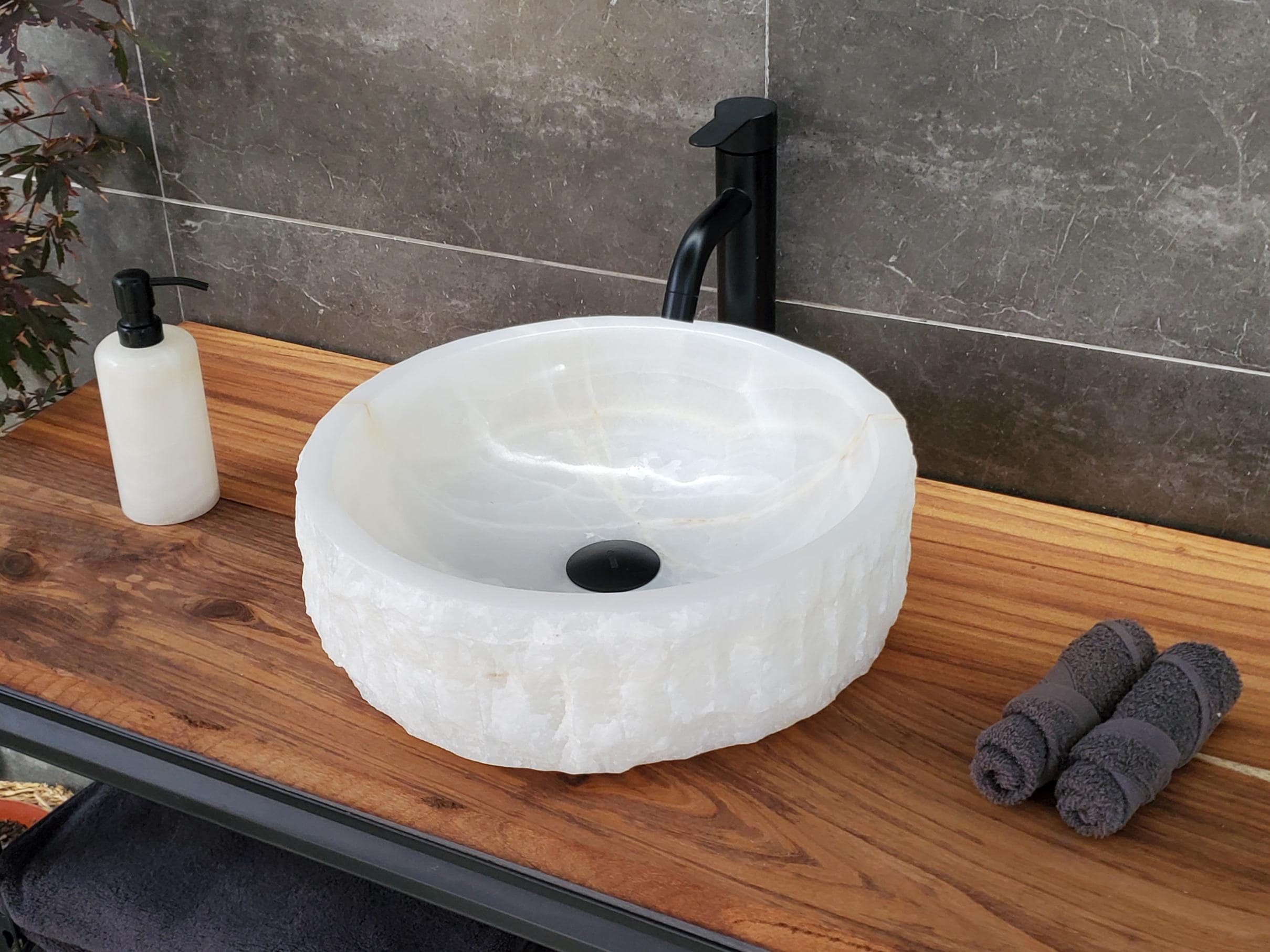 White Onyx Vessel Sink – Round Natural Stone Countertop Sink, Polished Vanity Basin, Luxury Spa Bathroom Decor 15.8x15.8 Inch Above Counter sink Bathroom Décor beige tan taupe hand basin bowl handmade powder room Home design trends luxury bathroom Marble Onix Rock modern contemporary natural stone sink plumbing fixture Rectangle Vessel Tan Rustic Onyx Vessel Sinks Translucent Polish