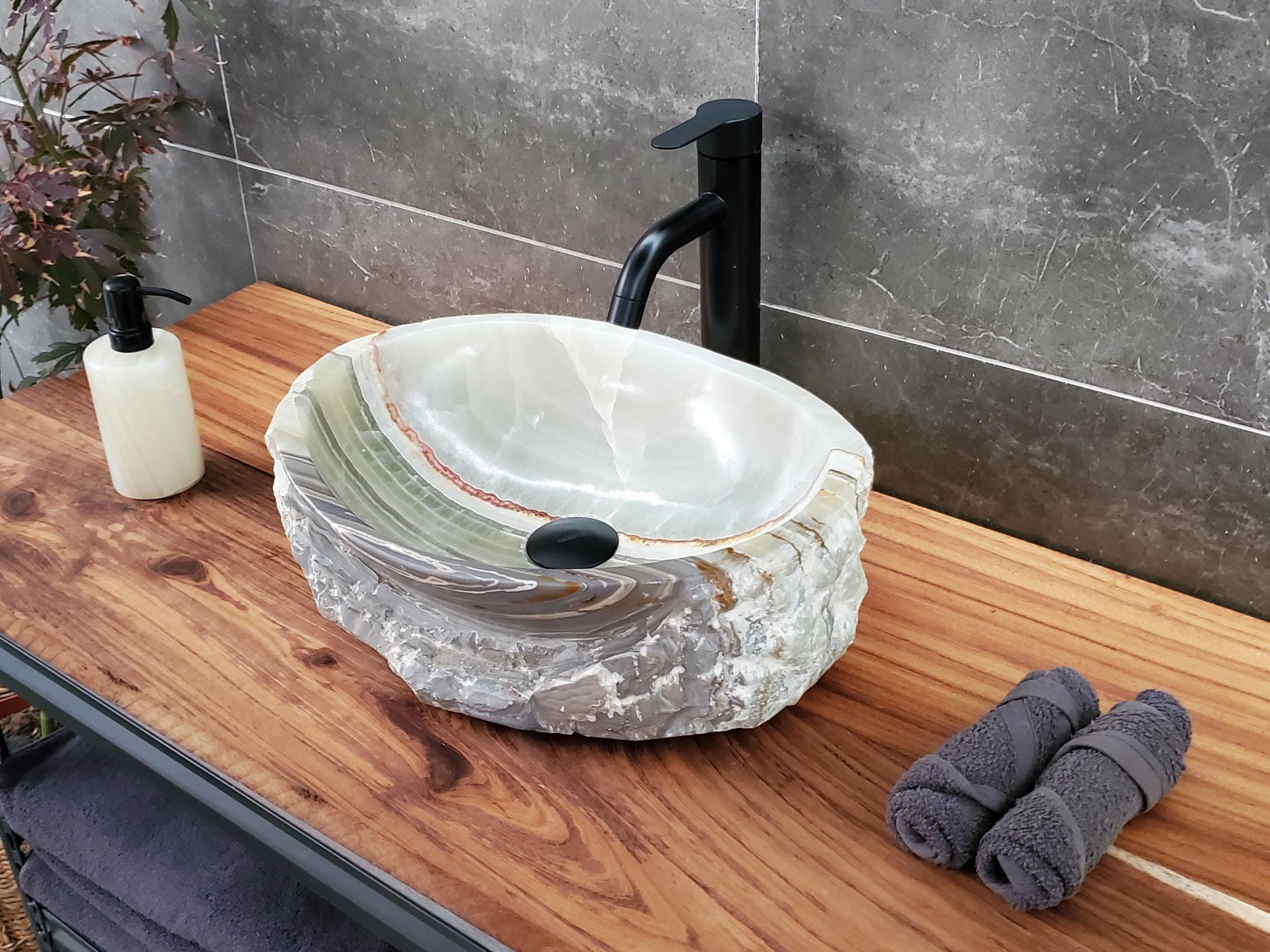 Green Onyx Vessel Sink, Natural Stone Vanity Basin, Polished Bathroom Countertop Sink, Spa Decor 16.5x12.5 Inch Above Counter sink Bathroom Décor beige tan taupe hand basin bowl handmade powder room Home design trends luxury bathroom Marble Onix Rock modern contemporary natural stone sink plumbing fixture Rectangle Vessel Tan Rustic Onyx Vessel Sinks Translucent Polish