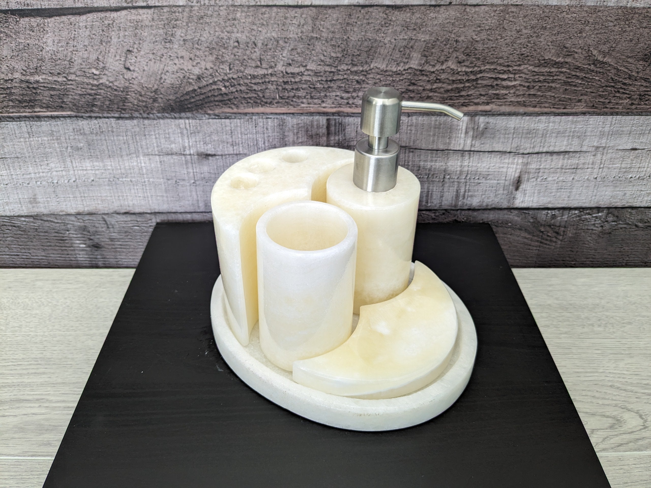Ivory Onyx Bathroom Accessory Set. Handmade in Mexico. We package and ship from the USA. Buy now at www.felipeandgrace.com.