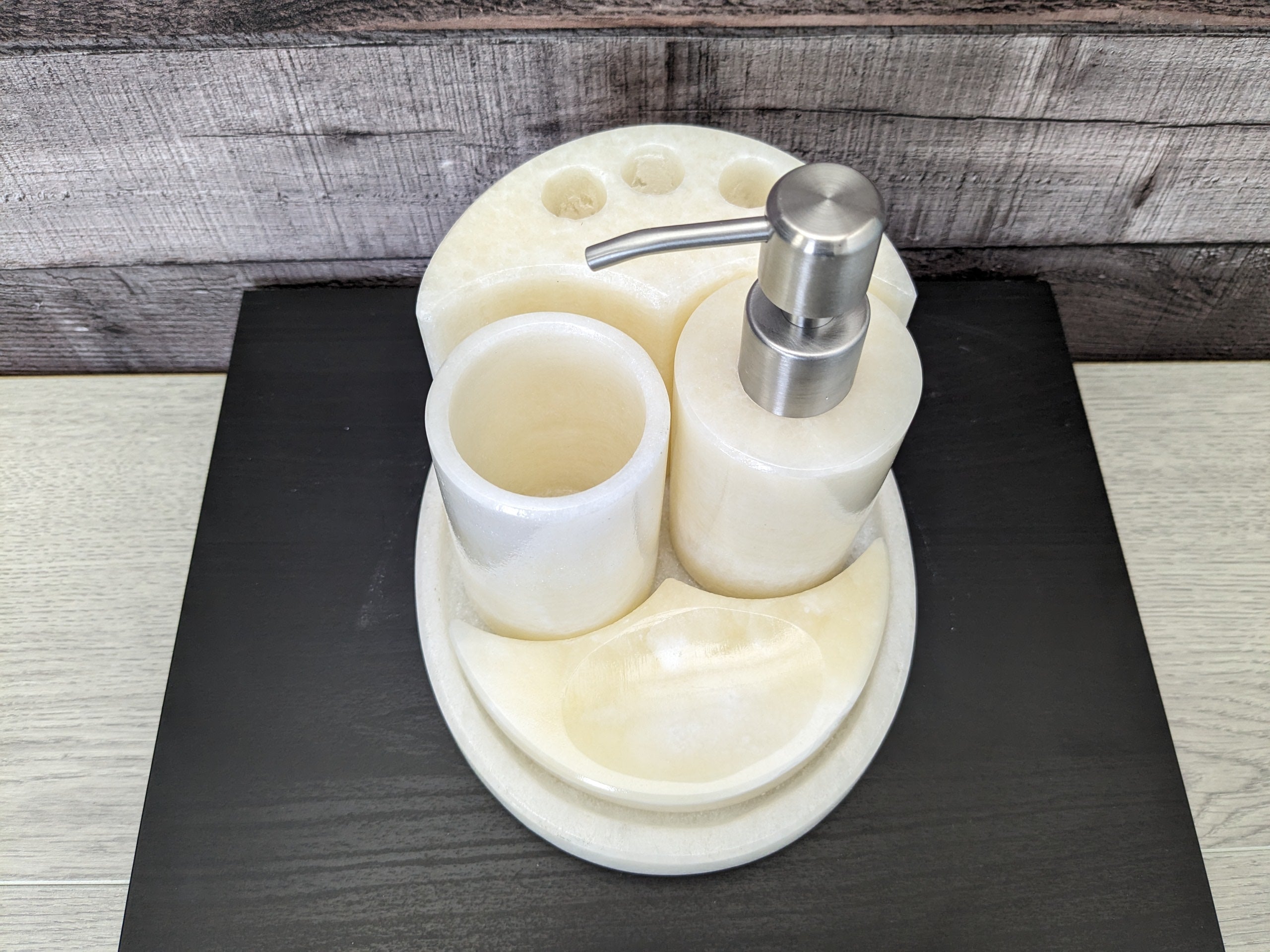 Ivory Onyx Bathroom Accessory Set. Handmade in Mexico. We package and ship from the USA. Buy now at www.felipeandgrace.com.