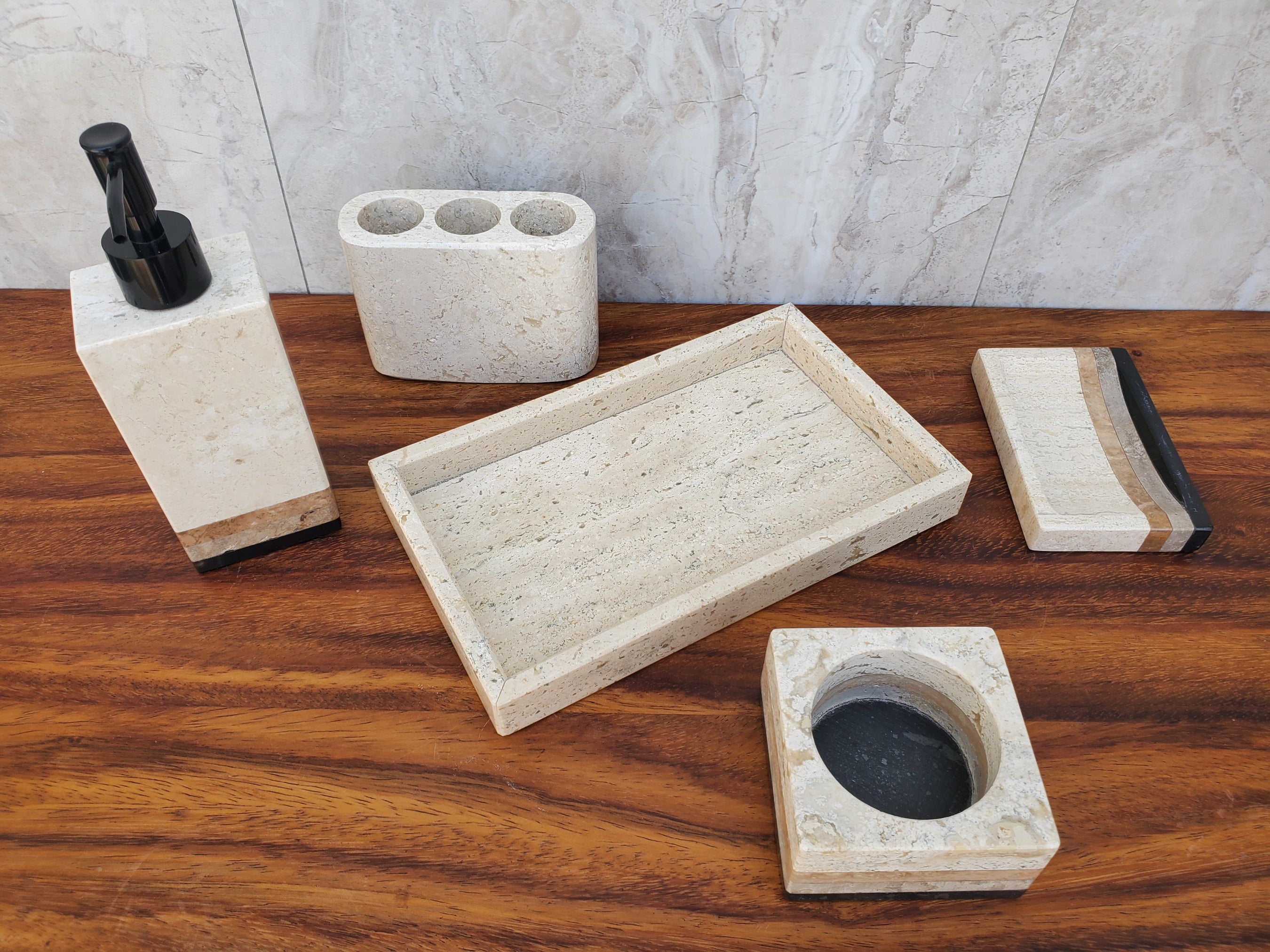 Gray, Brown, and Black Marble Stone Bathroom Accessory Set. Includes a lotion dispenser, a 3-slot toothbrush holder, a candle holder, a soap dish, and a tray. Handmade in Mexico. We package and ship from the USA. Buy now at www.felipeandgrace.com.