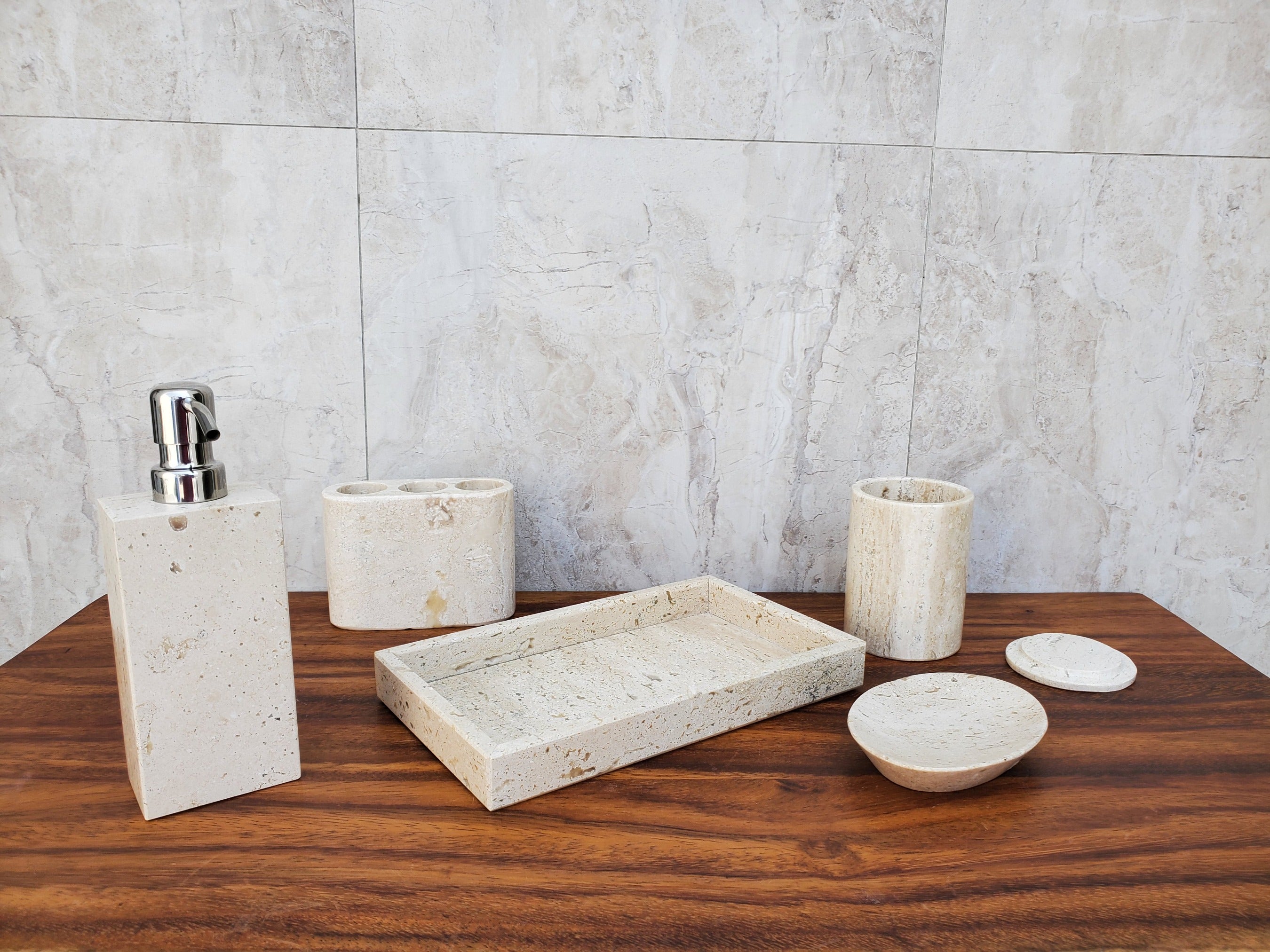 Gray and Brown Marble Stone Bathroom Accessory Set. Includes Lotion Dispenser, Toothbrush Holder, Storage Jar, Soap Dish and Tray. Handmade in Mexico. We package and ship from the USA. Buy now at www.felipeandgrace.com. 
