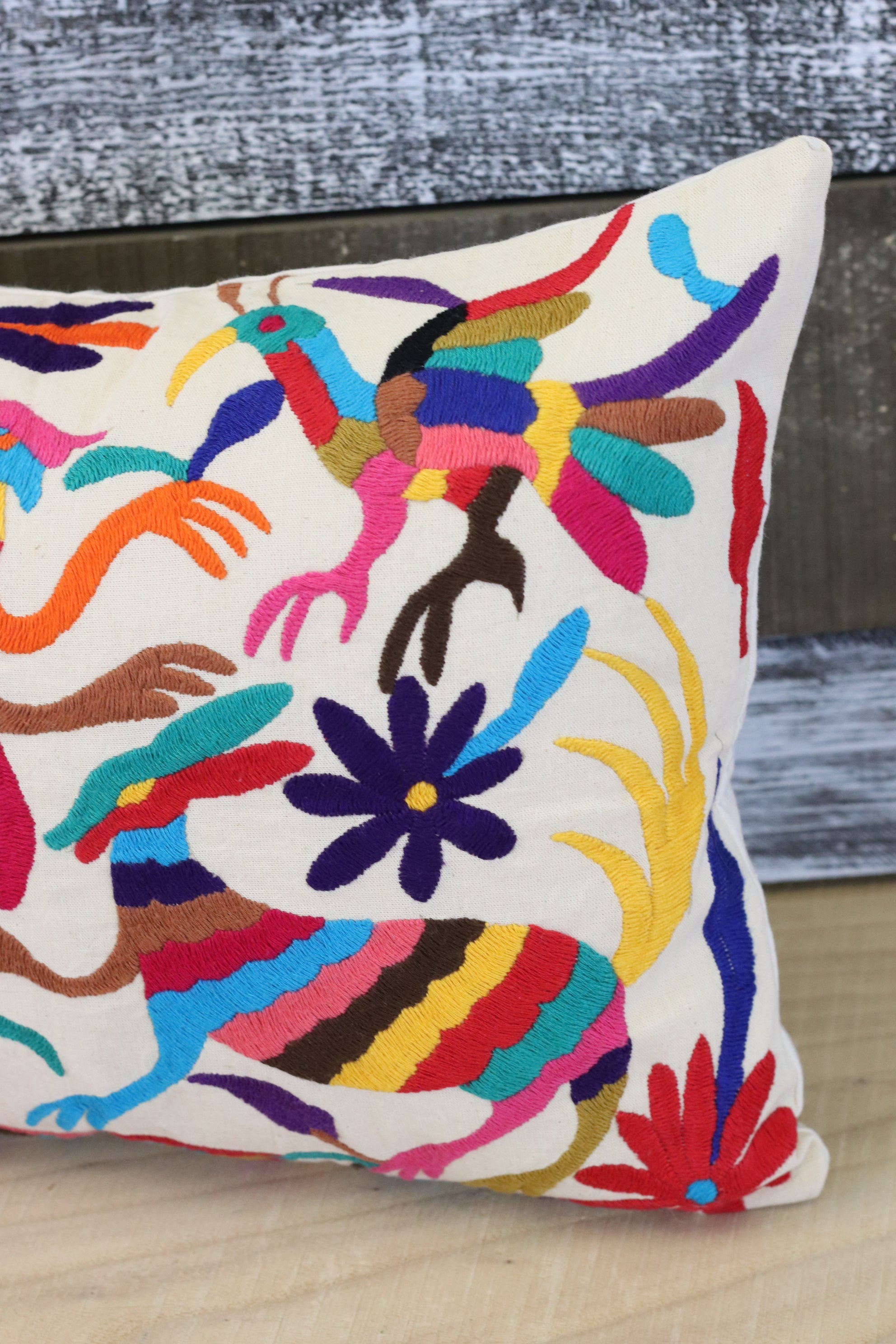 Otomi Tenango Pillow Cover, Throw Pillows, Mexican Hand Embroidered Textile Art. Flowers and Animals, Beige with Multicolor Thread. Handmade. Buy Now at www.felipeandgrace.com.