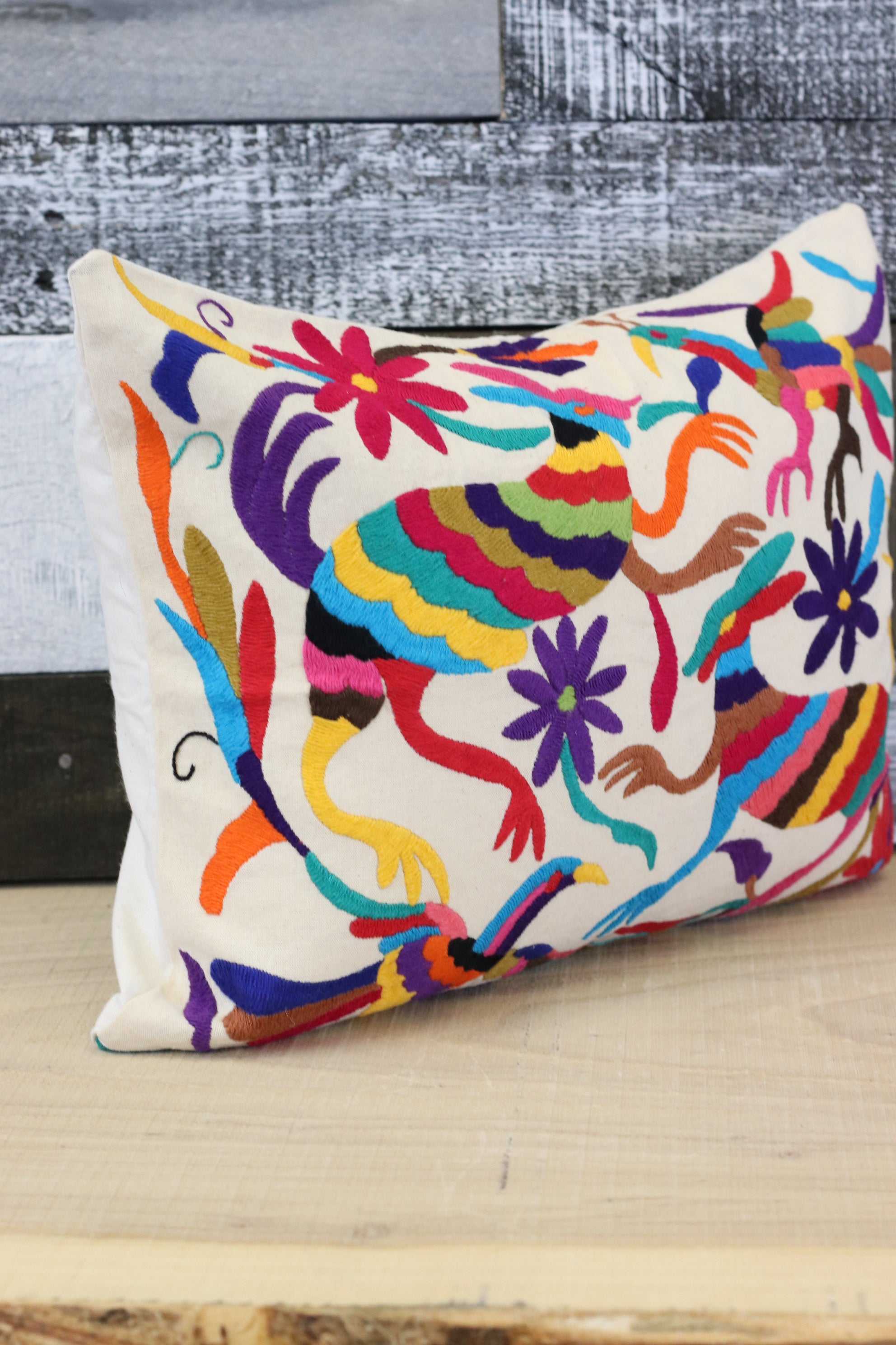 Otomi Tenango Pillow Cover, Throw Pillows, Mexican Hand Embroidered Textile Art. Flowers and Animals, Beige with Multicolor Thread. Handmade. Buy Now at www.felipeandgrace.com.