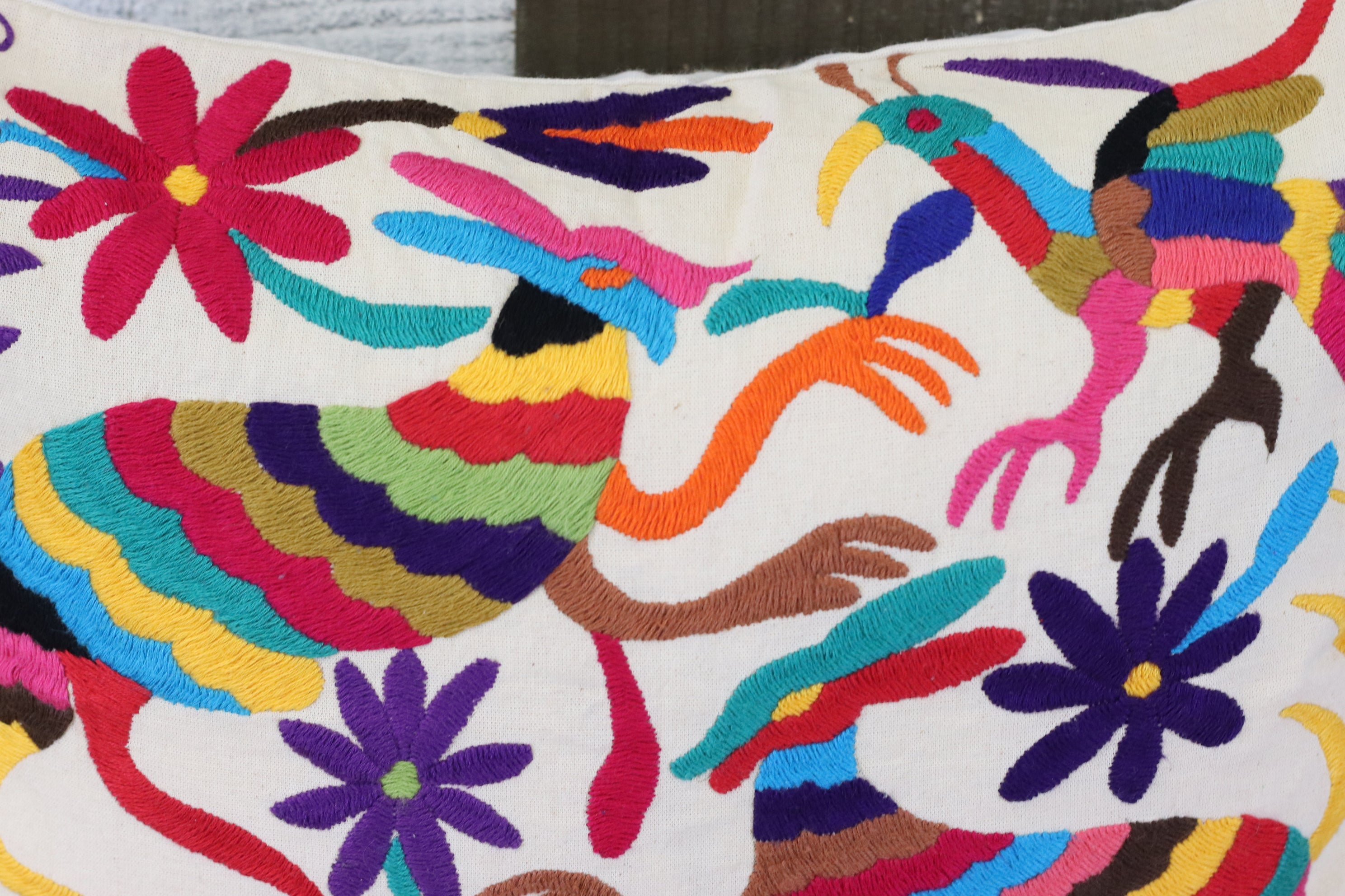 Otomi Tenango Pillow Cover, Throw Pillows, Mexican Hand Embroidered Textile Art. Flowers and Animals, Beige with Multicolor Thread. Handmade. Buy Now at www.felipeandgrace.com.