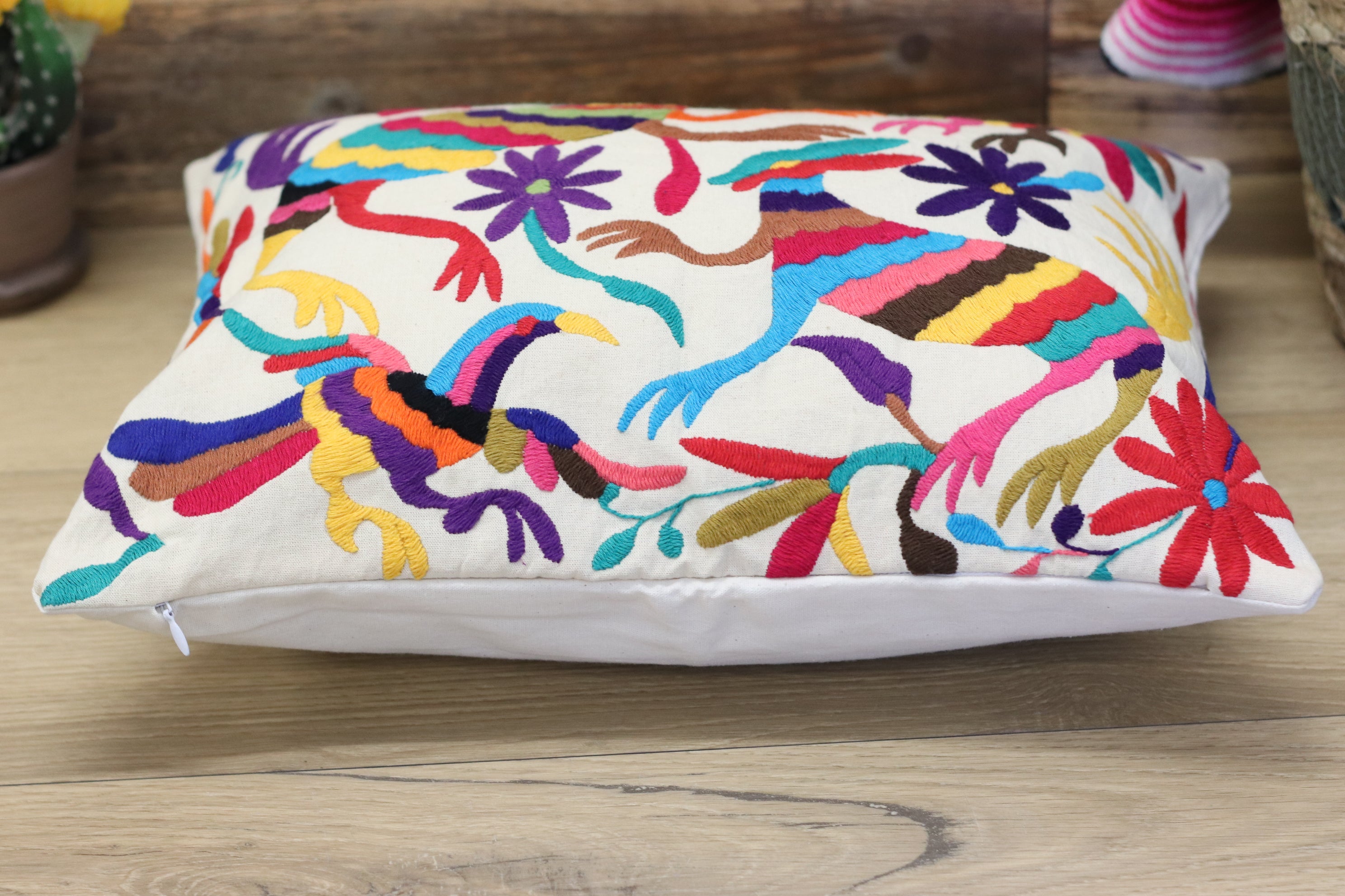 Otomi Tenango Pillow Cover, Throw Pillows, Mexican Hand Embroidered Textile Art. Flowers and Animals, Beige with Multicolor Thread. Handmade. Buy Now at www.felipeandgrace.com.