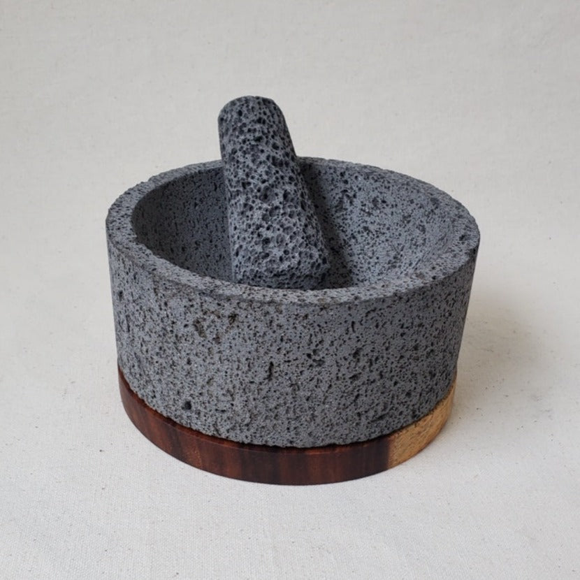 Wood Base Bowl & Pestle - Lava Stone - 8 Inch Molcajete Accessories Kitchen & Dining Molcajete