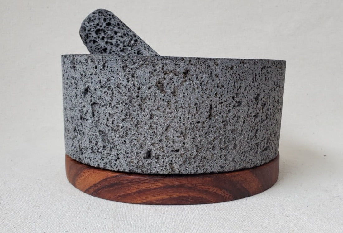 Wood Base Bowl & Pestle - Lava Stone - 8 Inch Molcajete Accessories Kitchen & Dining Molcajete