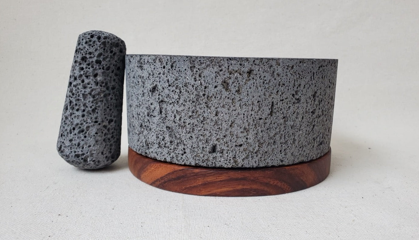 Wood Base Bowl & Pestle - Lava Stone - 8 Inch Molcajete Accessories Kitchen & Dining Molcajete