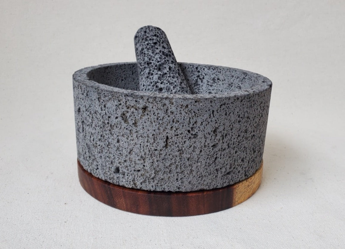 Wood Base Bowl & Pestle - Lava Stone - 8 Inch Molcajete Accessories Kitchen & Dining Molcajete