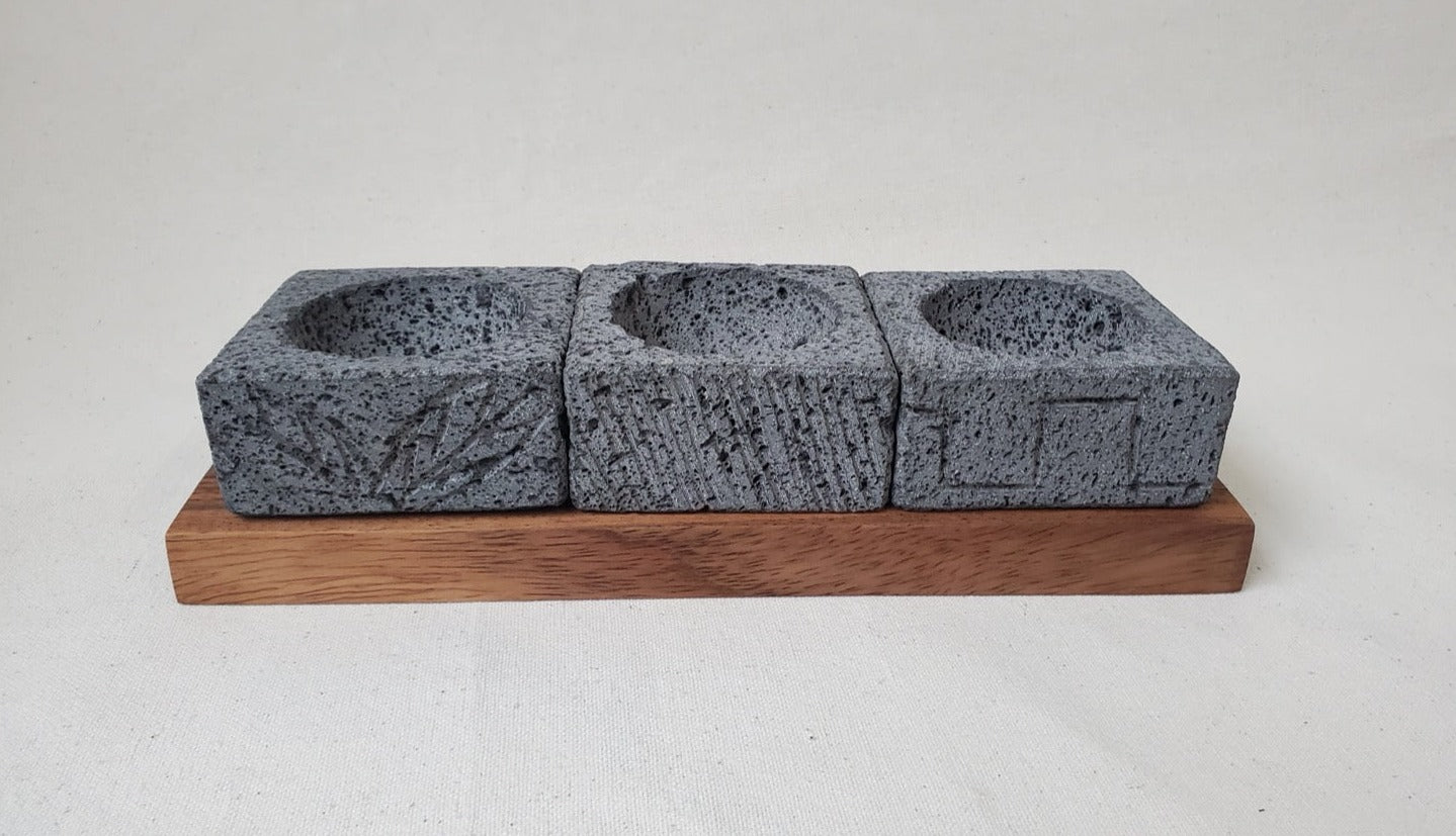 Triplet Wood Base Bowls - Lava Stone - ? Inch Molcajete Accessories Kitchen & Dining Molcajete