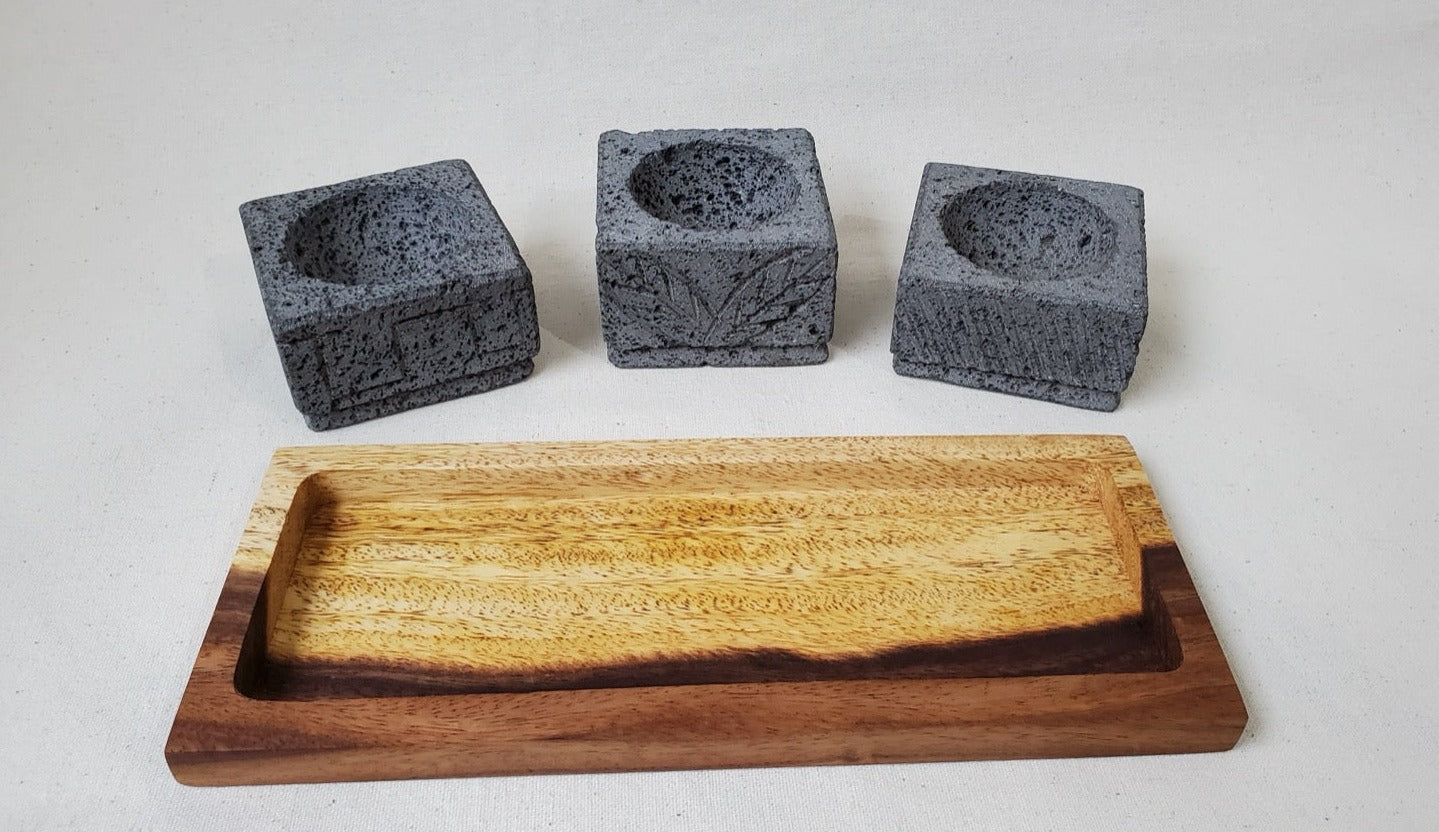Triplet Wood Base Bowls - Lava Stone - ? Inch Molcajete Accessories Kitchen & Dining Molcajete
