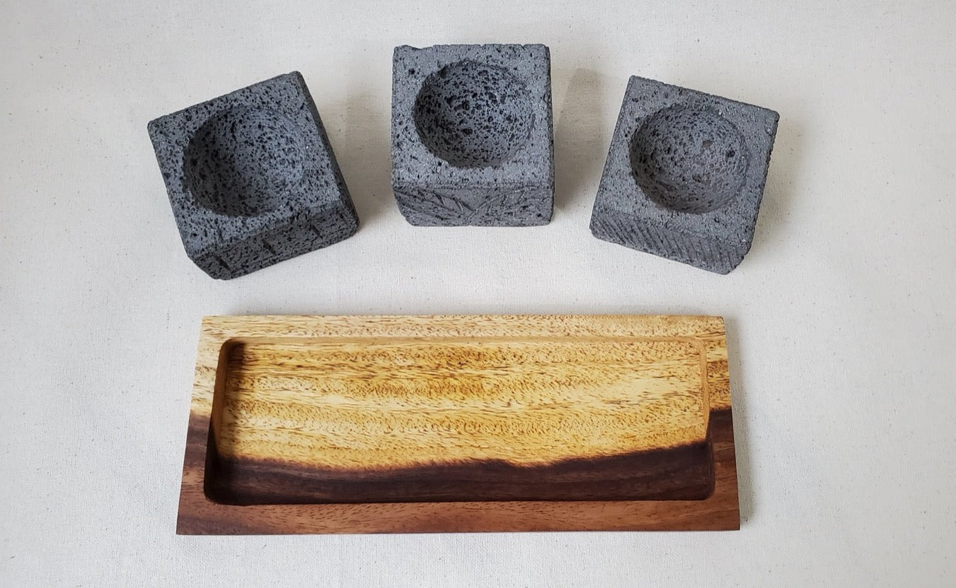 Triplet Wood Base Bowls - Lava Stone - ? Inch Molcajete Accessories Kitchen & Dining Molcajete