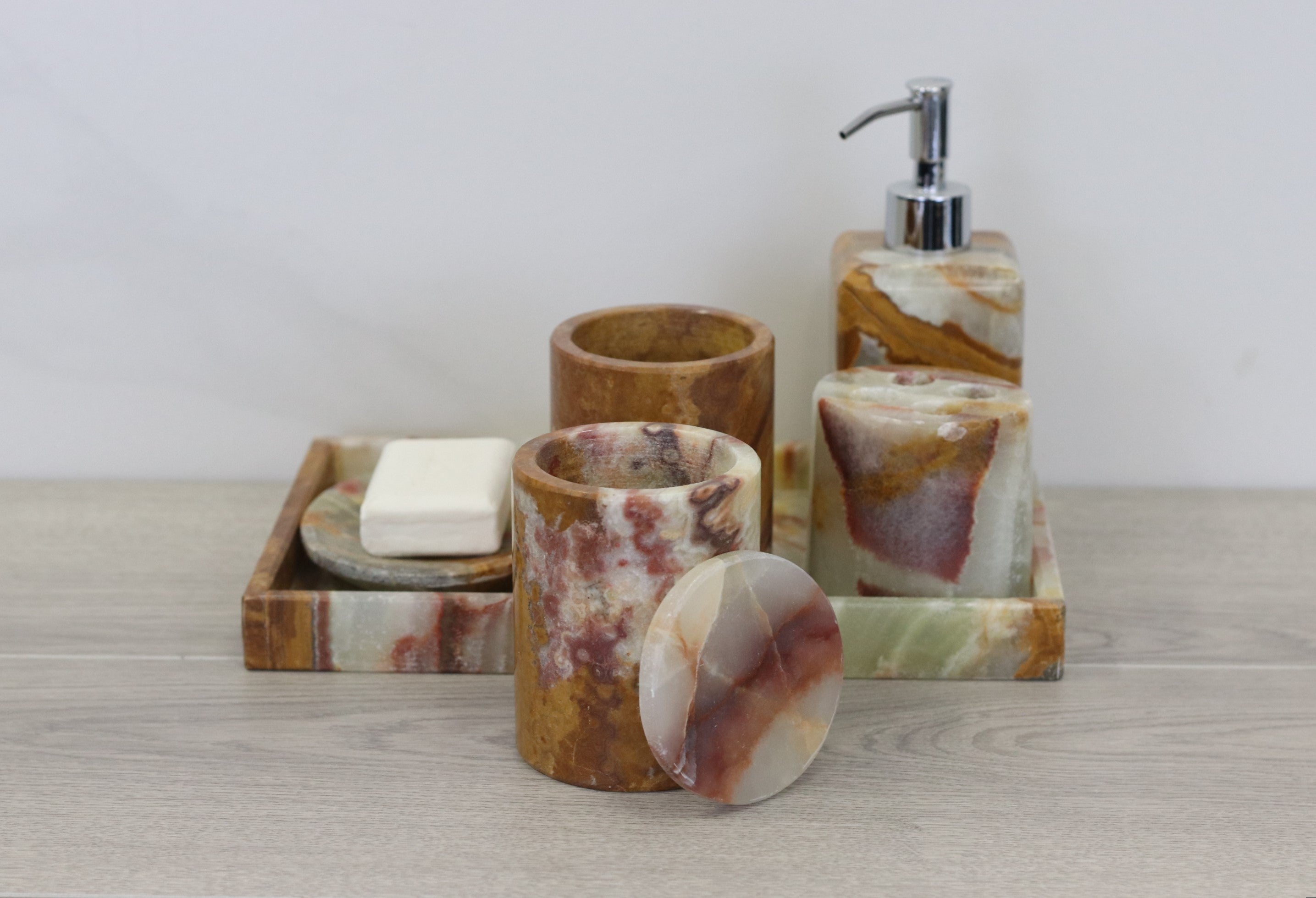 Set of 4 Travertine Bathroom Accessories Soap Dispenser