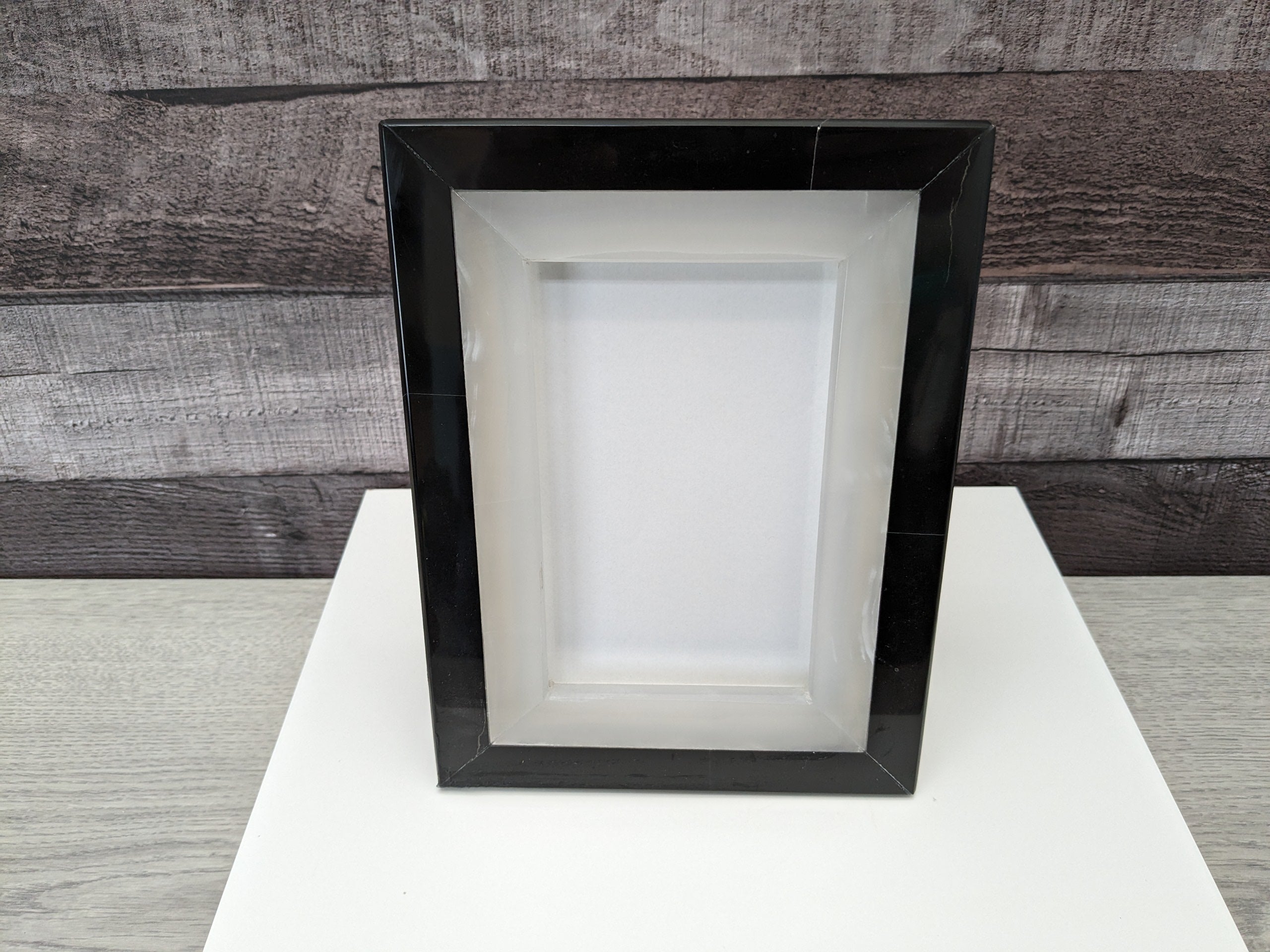 Black and Beige Onyx Stone Frame with Glass Cover. Handmade in Mexico. We package and ship from the USA. Buy now at www.felipeandgrace.com.