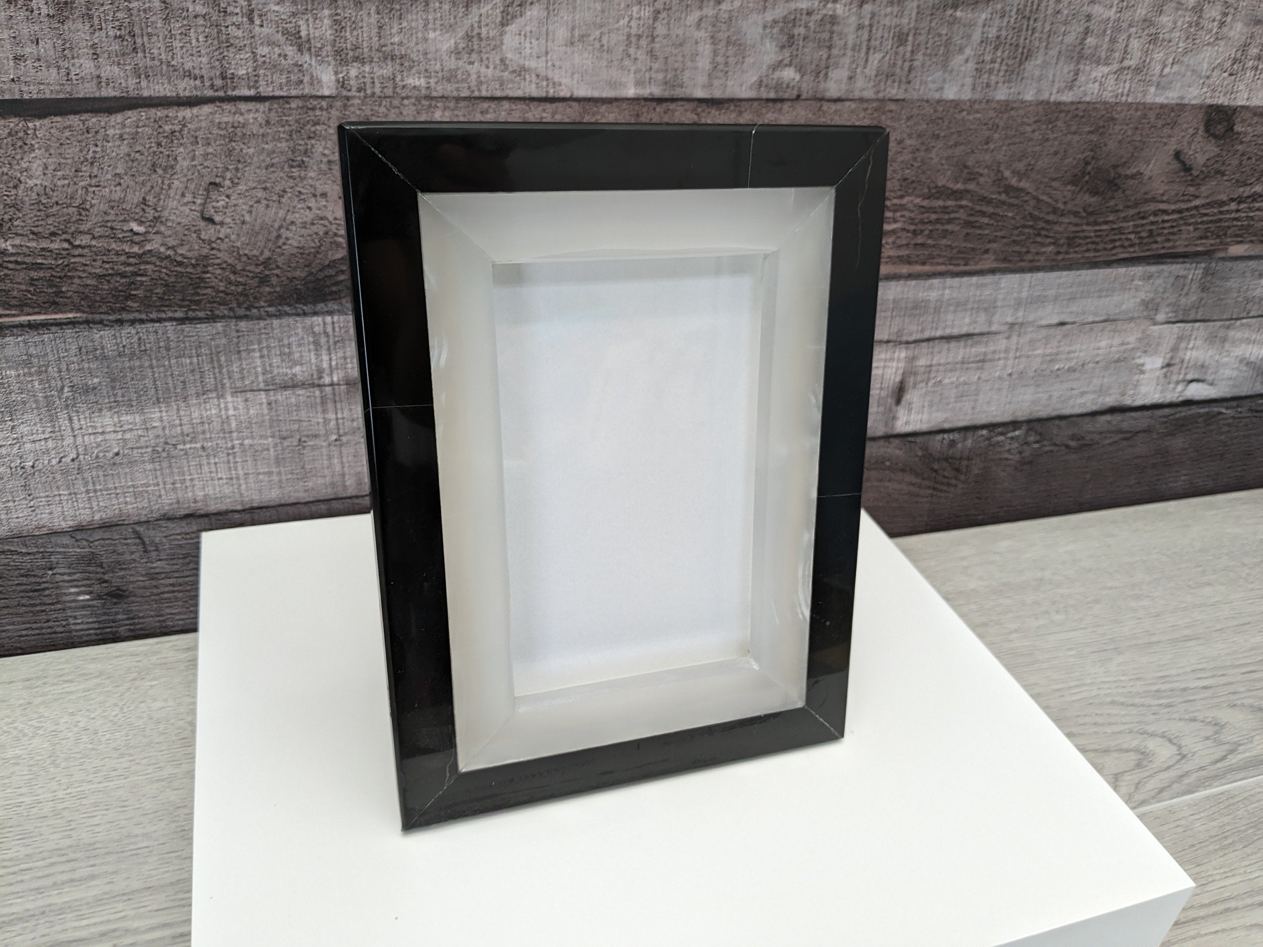 Black and Beige Onyx Stone Frame with Glass Cover. Handmade in Mexico. We package and ship from the USA. Buy now at www.felipeandgrace.com.
