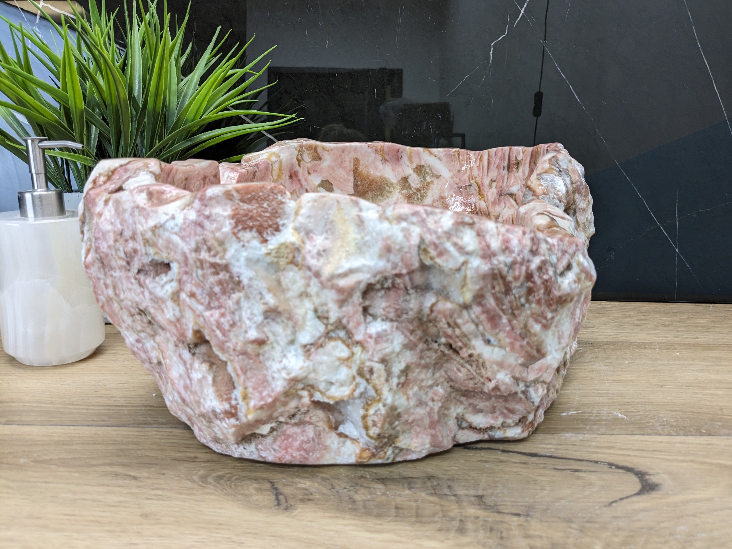 Pink Brown and White Onyx Vessel Sink. A stunning work of art. Handmade in Mexico. We hand finish, package, and ship from the USA. Buy now at www.felipeandgrace.com.