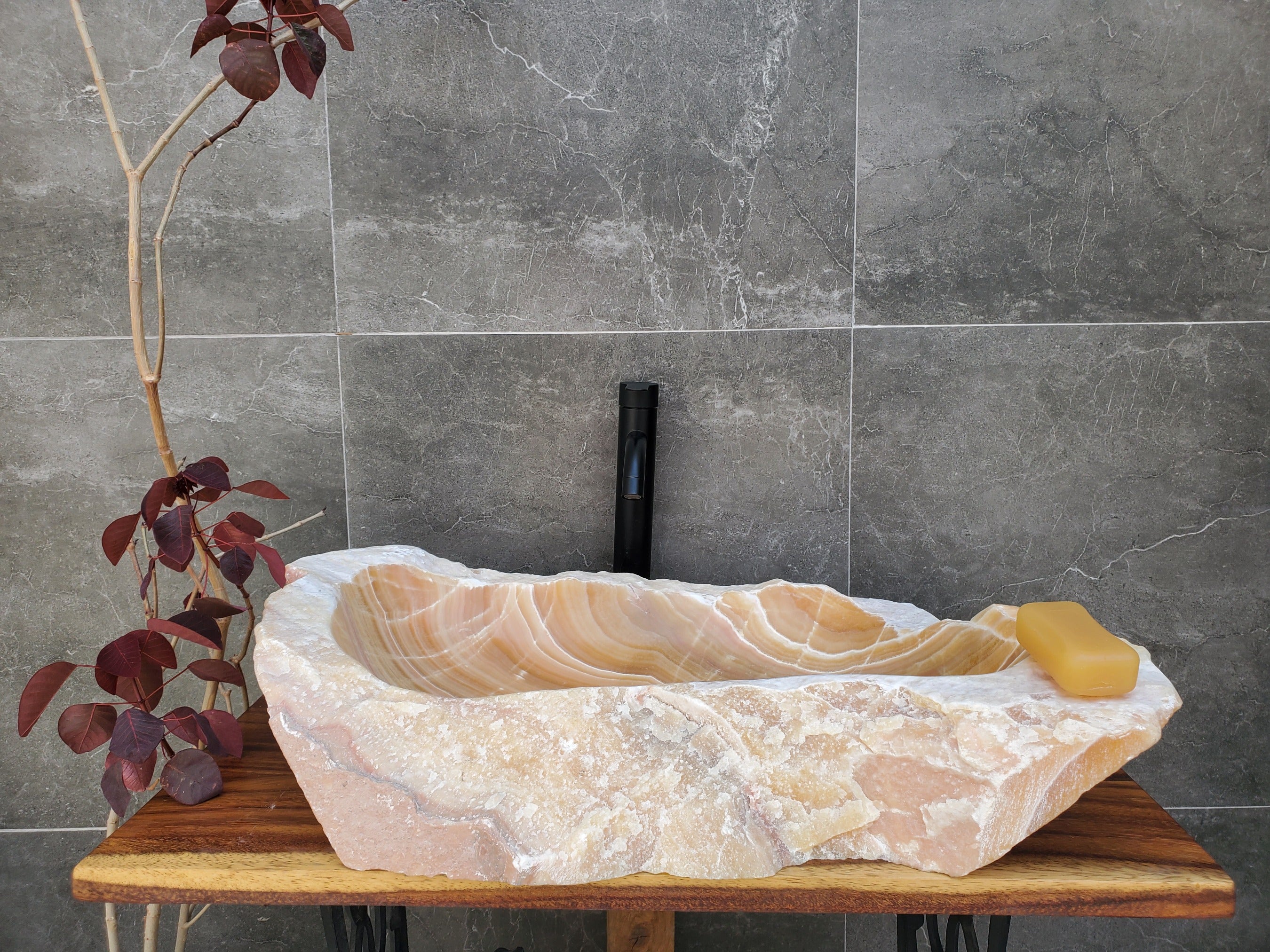 Orange Onyx Stone Vessel Sink with White Lines. Handmade in Mexico. Ships from the USA. Buy now at www.felipeandgrace.com. 