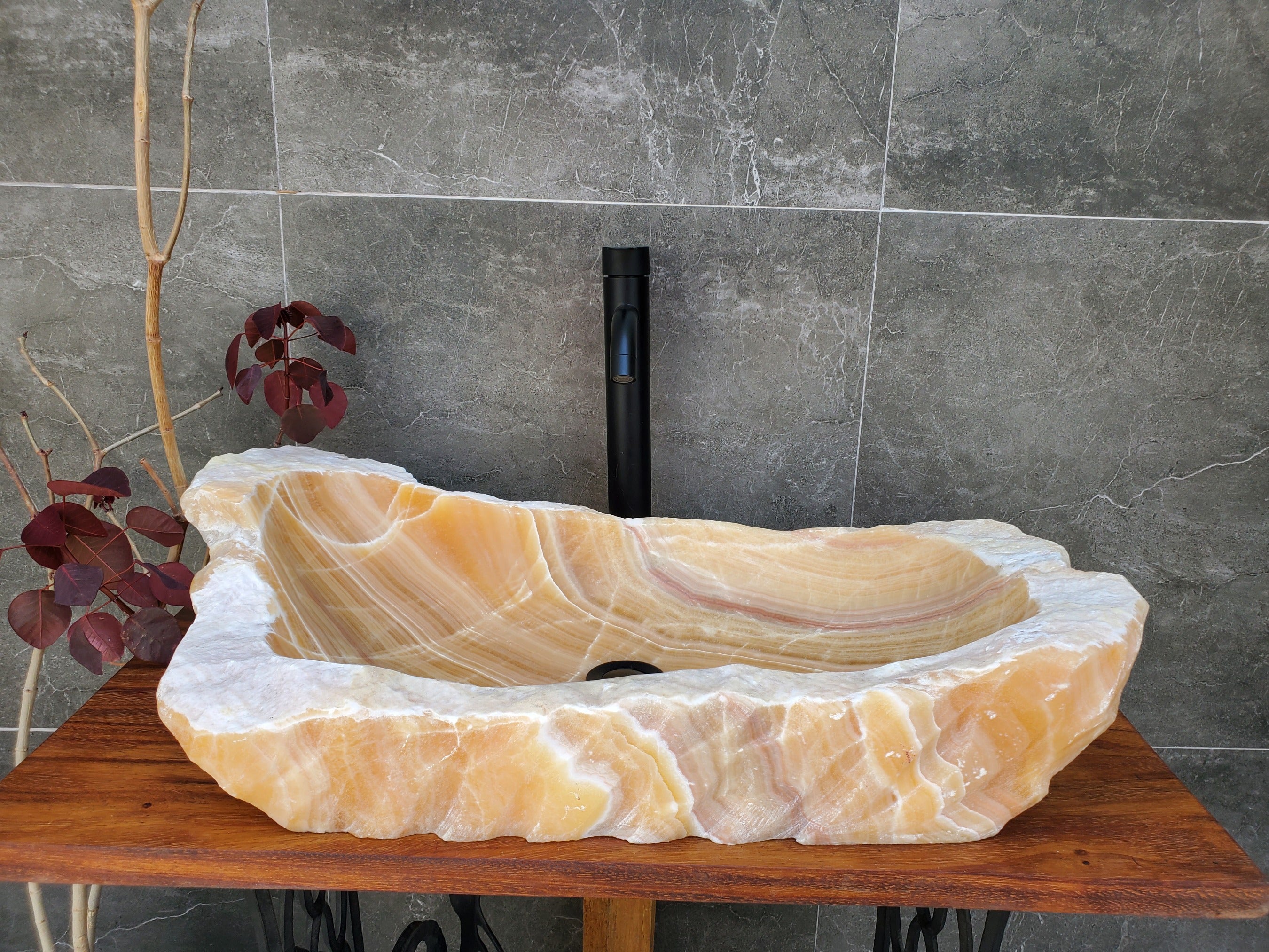Orange Onyx Stone Vessel Sink with White Lines. Handmade in Mexico. Ships from the USA. Buy now at www.felipeandgrace.com. 