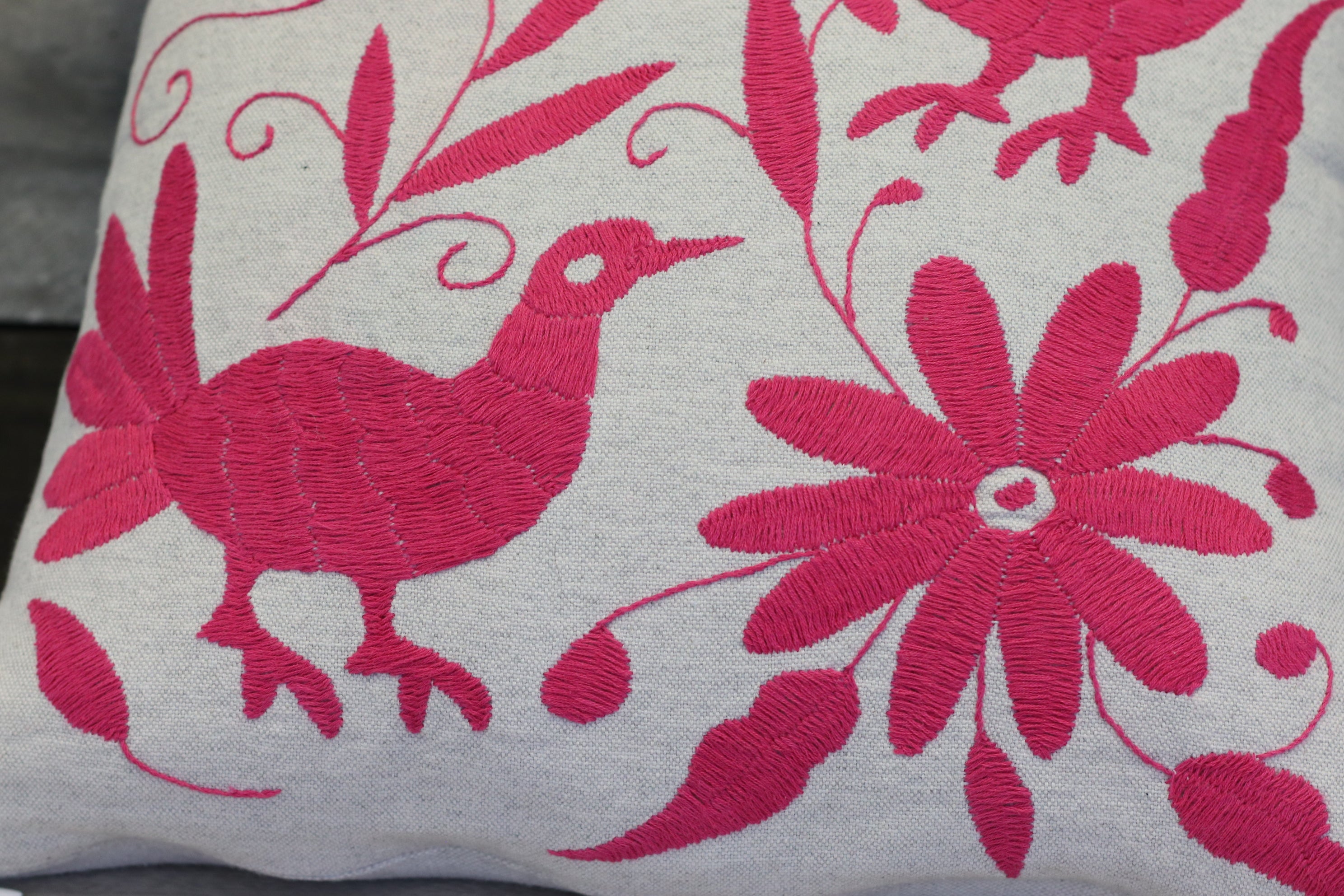 Pink Hand Embroidered Bird and Flower Pillow Cover on Gray Background. Handmade in Mexico. Ships from the USA. Buy now at www.felipeandgrace.com.  