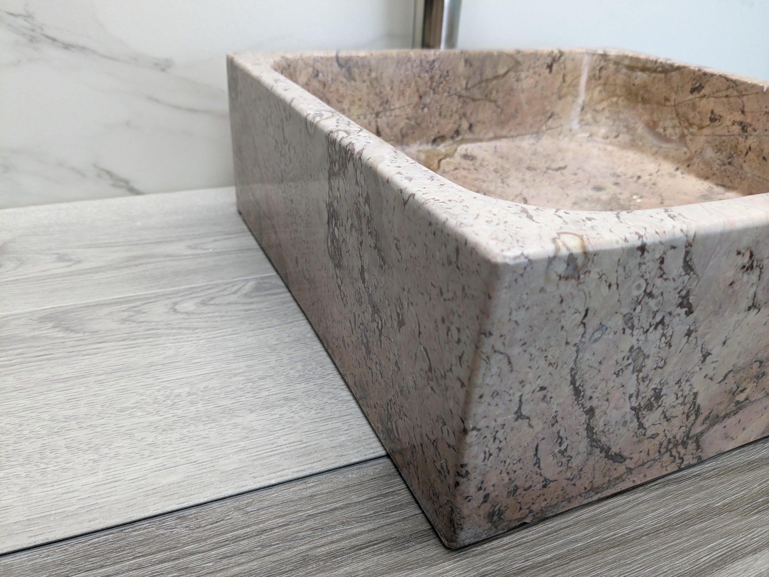 Pink Marble Vessel Sink. A one of a kind piece. Handmade in Mexico. We hand finish, package, and ship from the USA. Buy now at www.felipeandgrace.com. 