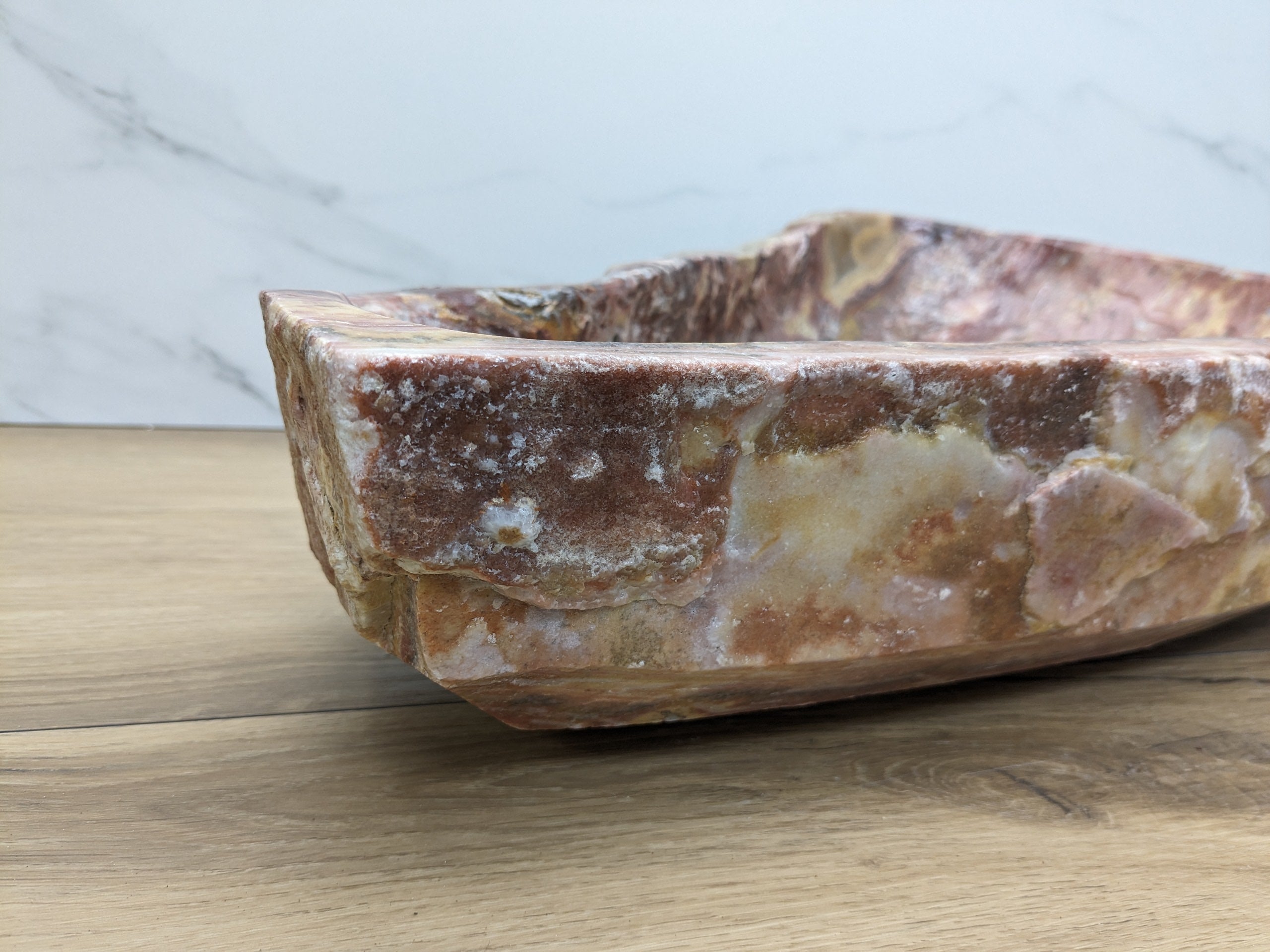 Pink, Red, and Tan Onyx Stone Vessel Sink. This sink is a one-of-a-kind beautiful work of art. Handmade in Mexico. We hand finish, package, and ship from the USA. Buy now at www.felipeandgrace.com. 