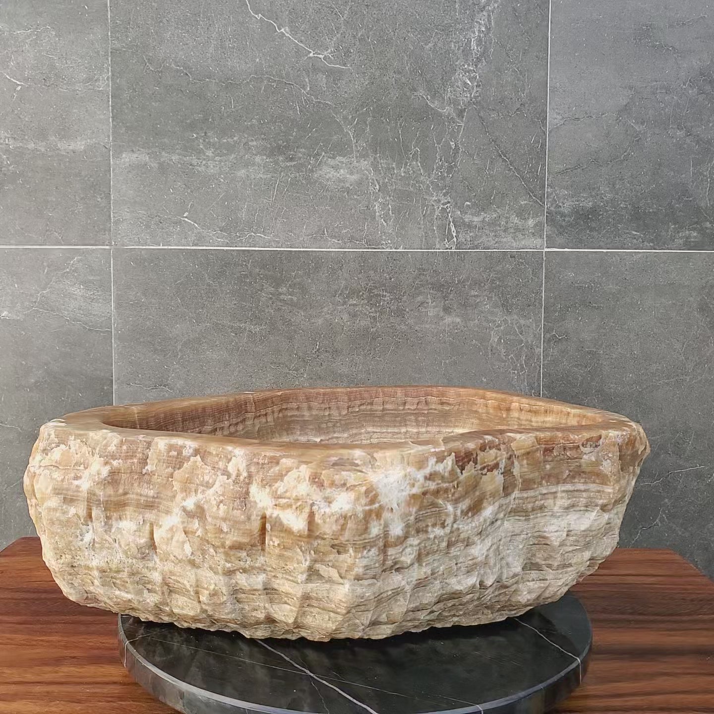 White and Brown Onyx Stone Vessel Sink. It is one of a kind. A beautiful work of art. Handmade in Mexico. Hand Finished in the USA. Ships from the USA. A beautiful work of art. Buy now at www.felipeandgrace.com. 
