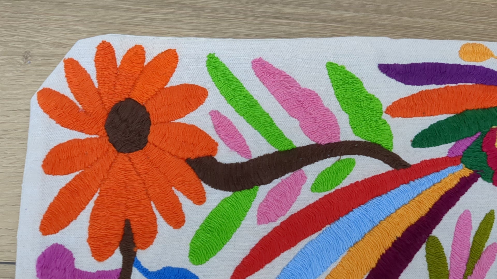 Multicolor Mexican Embroidered Throw Pillow Cover with Birds, Flowers, Animals, and Fish. Handmade in Mexico. We package and ship from the USA. Buy now at www.felipeandgrace.com.