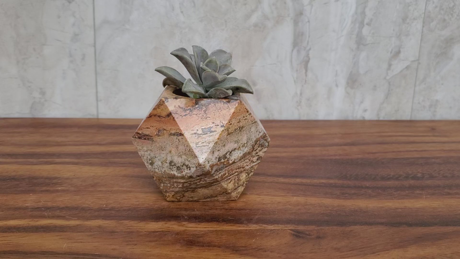 Red Orange Travertine Stone Geometric Mini Planter for Succulents and Terrariums. Handmade in Mexico. We ship and package from the USA. Buy now at www.felipeandgrace.com.
