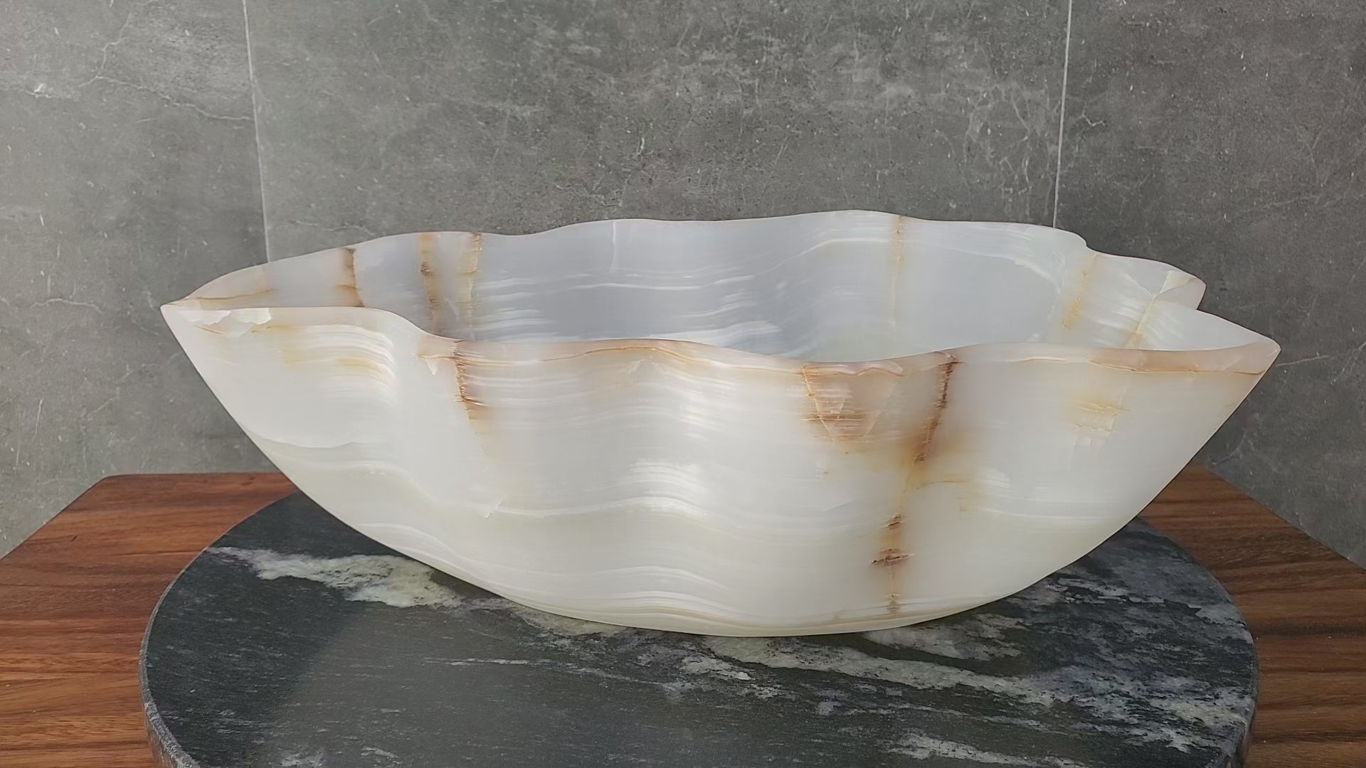 Transparent Onyx Stone Bathroom Vessel Sink. Epoxy Sealant is available Fast shipping. Standard drain size. A beautiful work of art. Handmade. Buy Now at www.felipeandgrace.com.