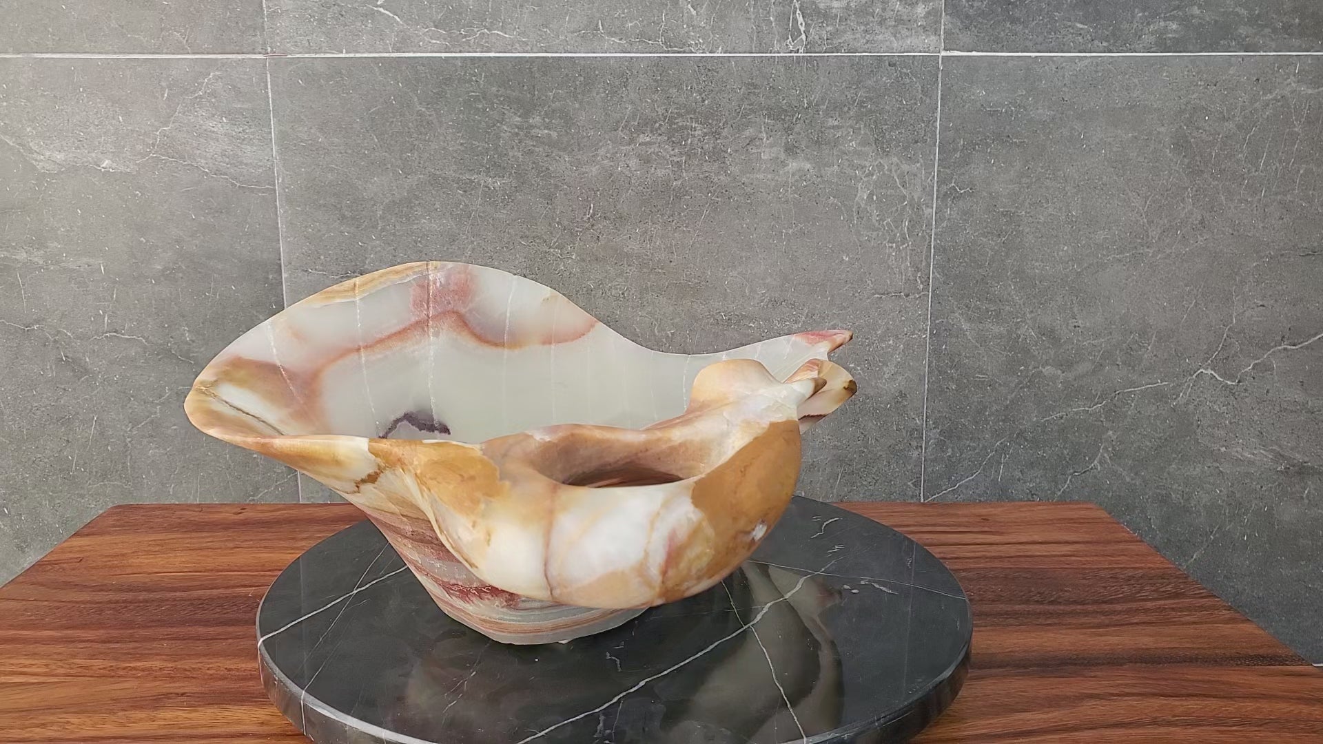 Green and Brown Onyx Vessel Sink. Handmade in Mexico. Hand-finished and ships from the USA. Buy now at www.felipeandgrace.com.
