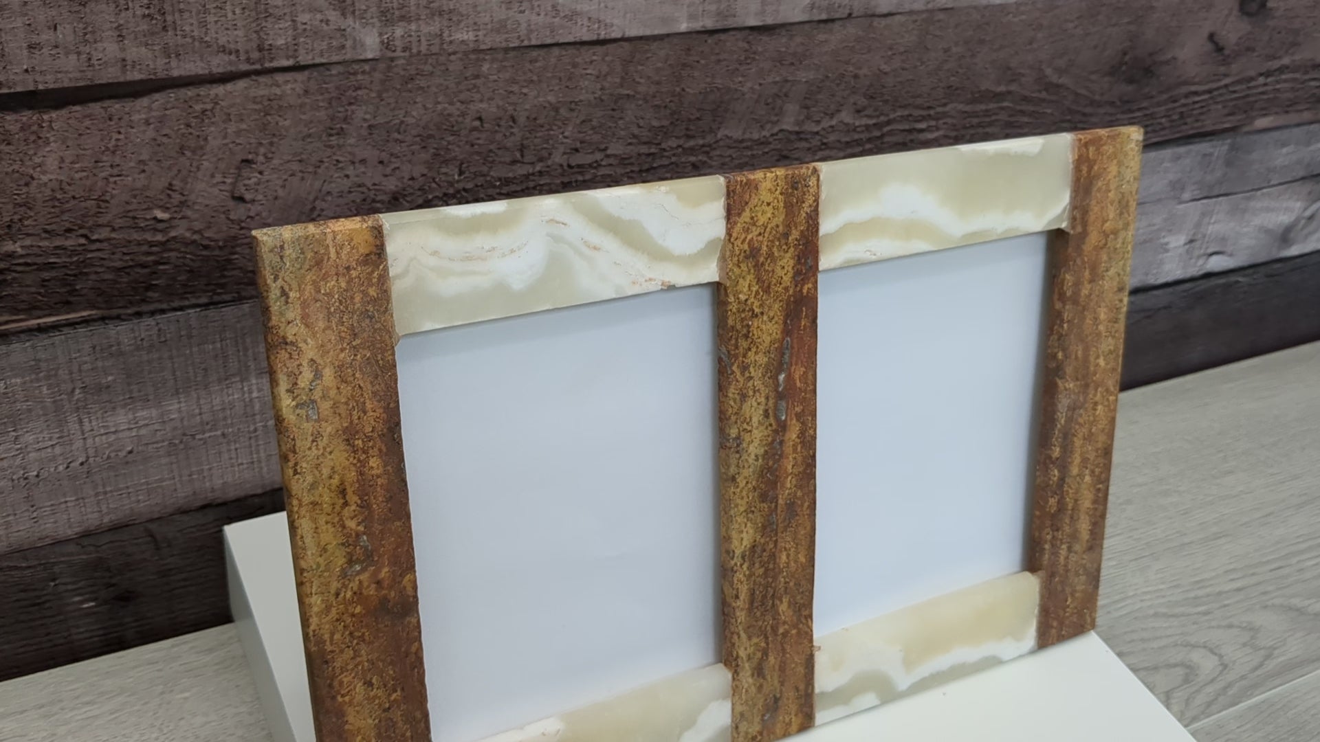 Onyx and Travertine Stone Double Frame. Handmade in Mexico. We package and ship from the USA. Buy now at www.felipeandgrace.com.