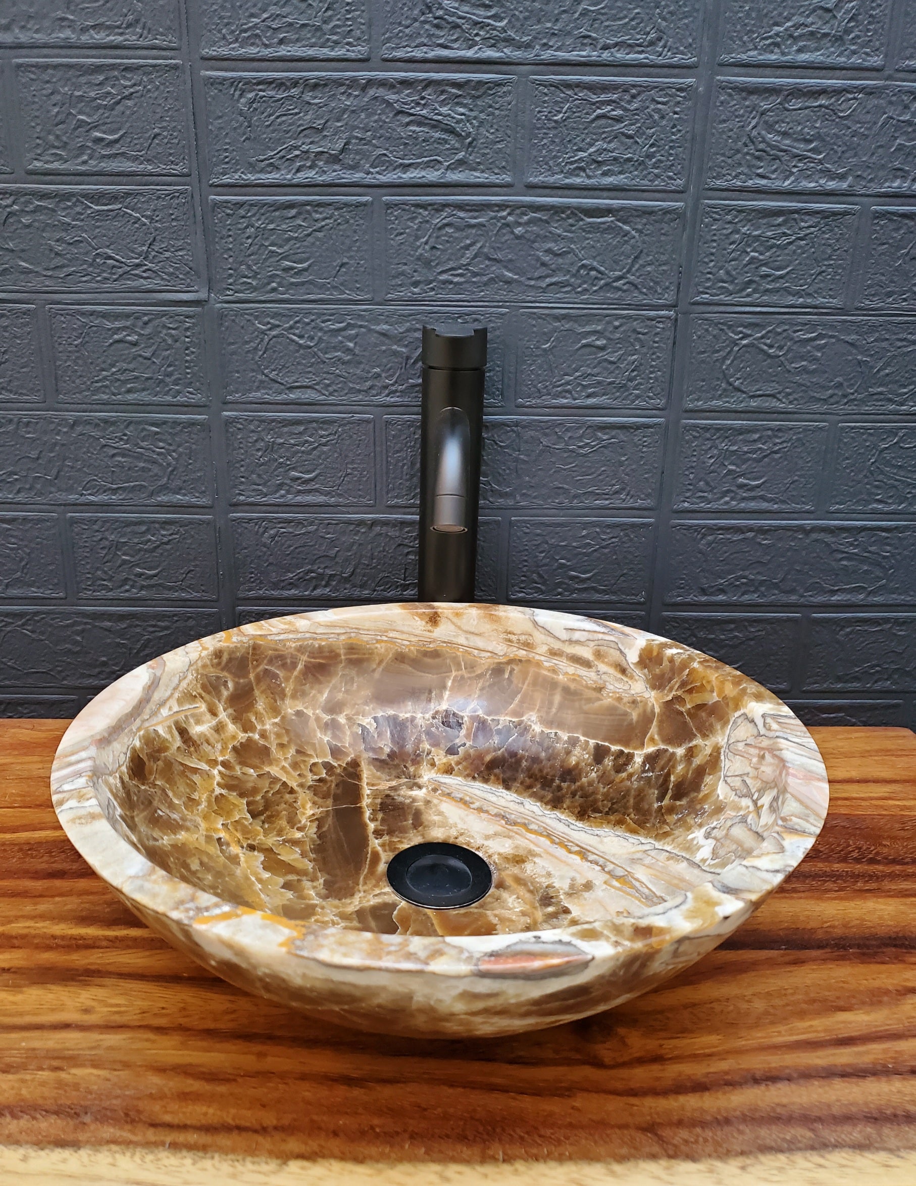Brown and White Round Onyx Stone Bathroom Vessel Sink, Above Counter Sink, Handmade in Mexico. Hand Finished in USA. Buy now at www.felipeandgrace.com. 