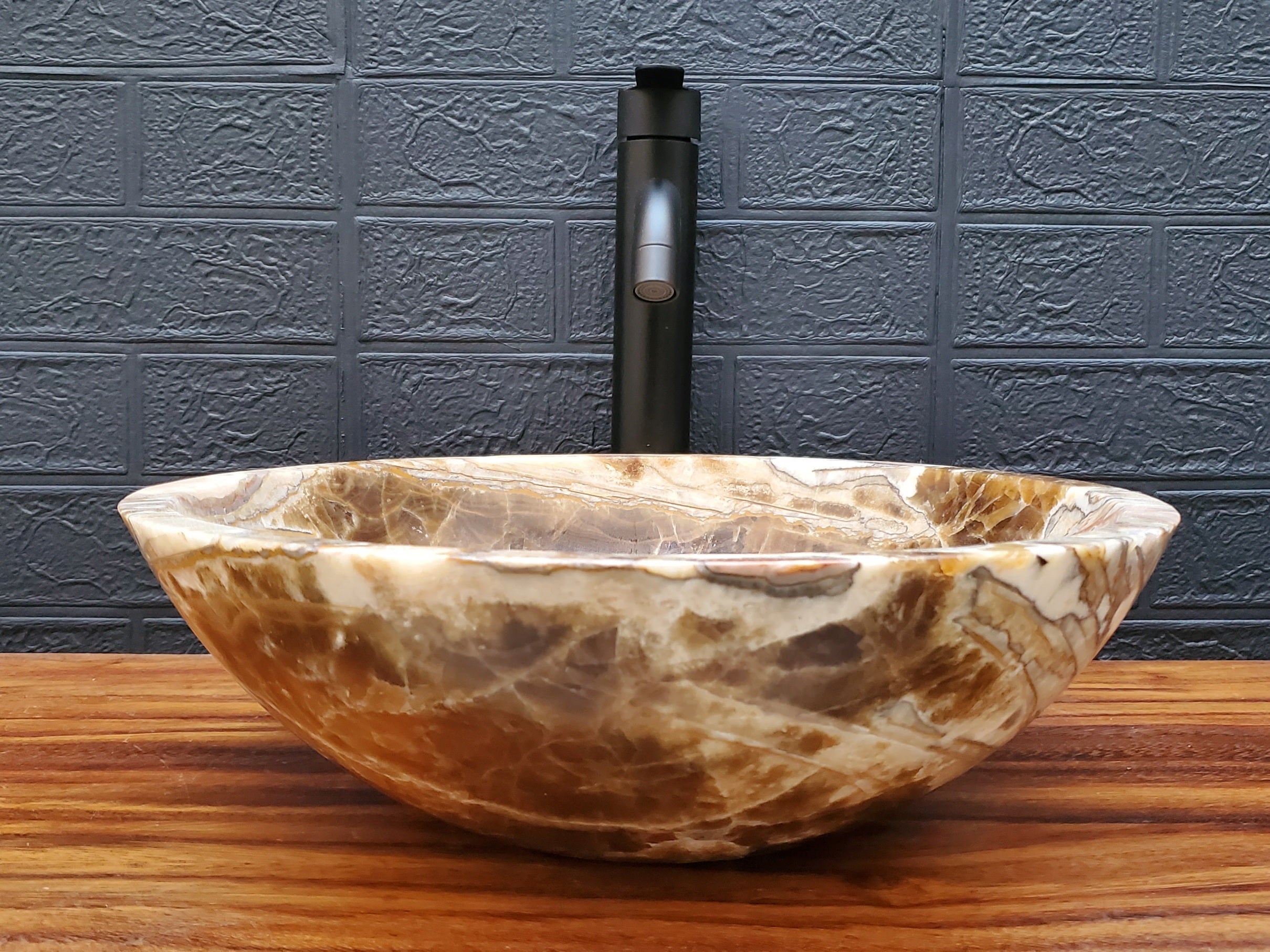 Brown and White Round Onyx Stone Bathroom Vessel Sink, Above Counter Sink, Handmade in Mexico. Hand Finished in USA. Buy now at www.felipeandgrace.com. 