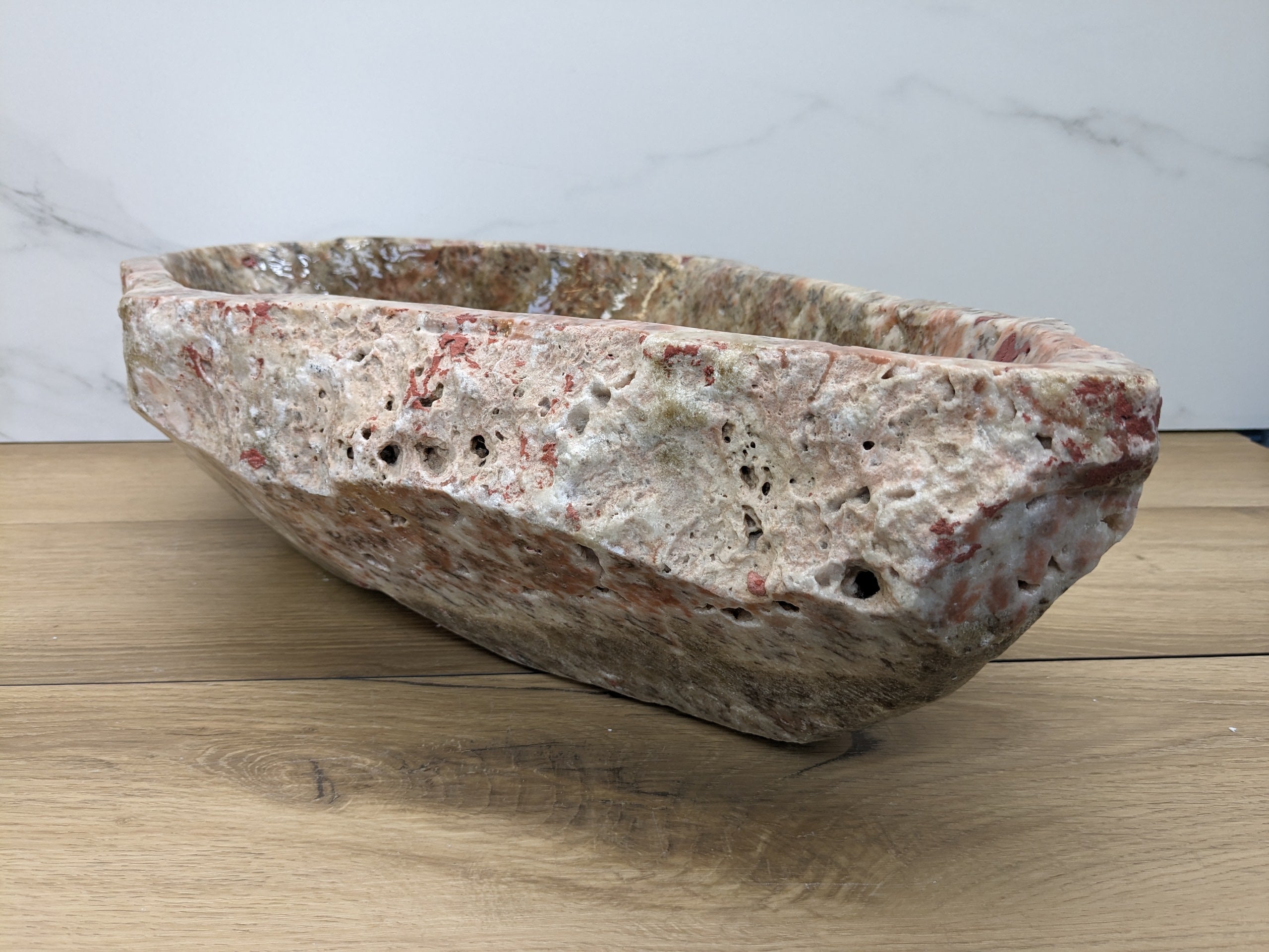 Pink and Brown Onyx Vessel Sink. This sink has an epoxy coating. Handmade in Mexico. We package and ship from the USA. Buy now at www.felipeandgrace.com.