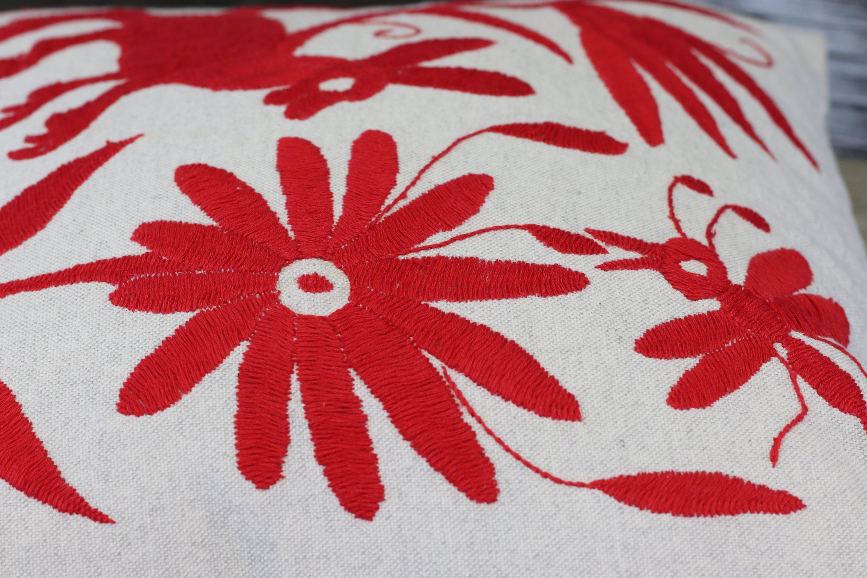 Red Embroidered Linen Pillow Cover. Handmade and Hand Embroidered in Mexico. Ships from the USA. Buy now at www.felipeandgrace.com.
